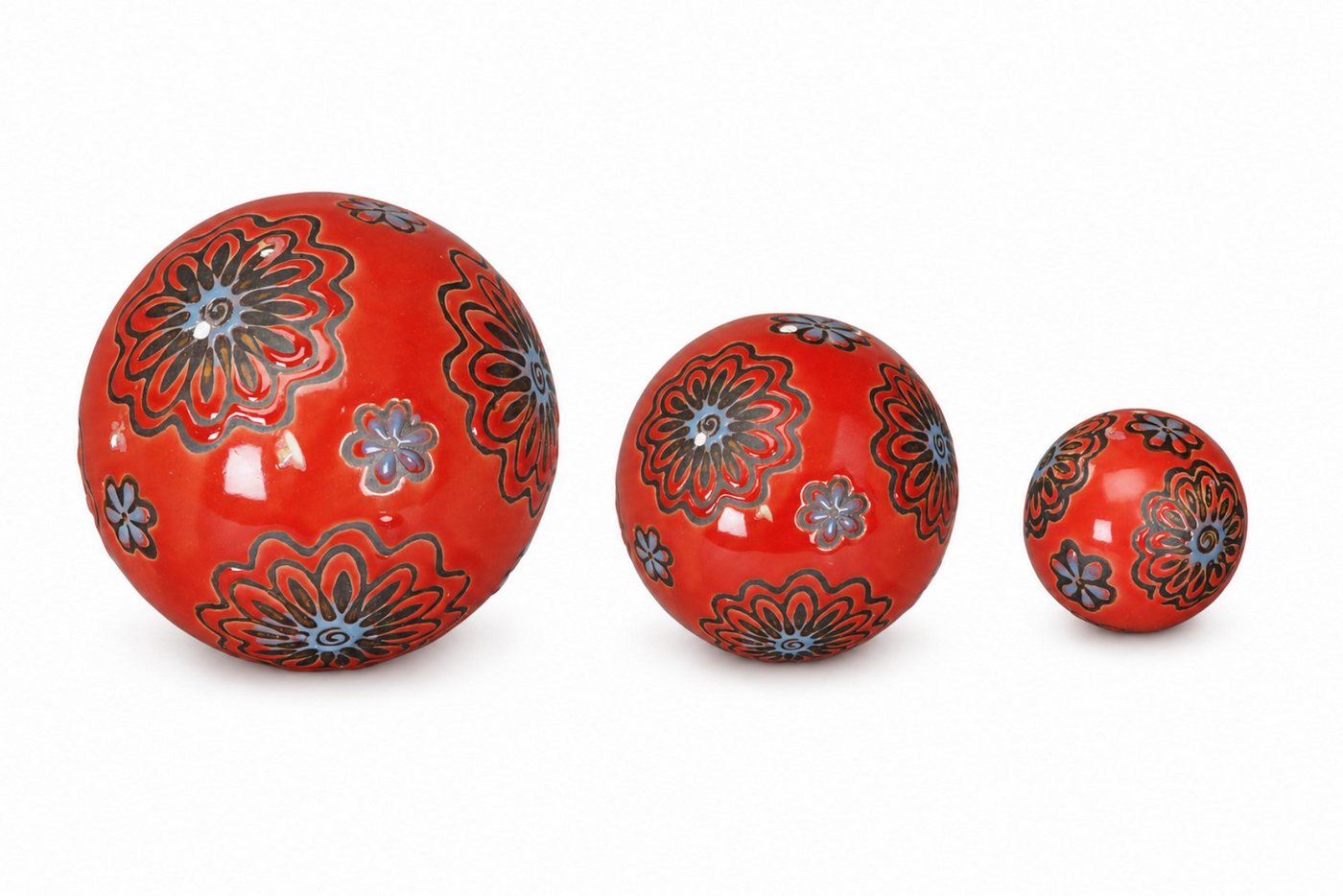 finehomegarden Teichfigur Schwimmkugel rot/blau Ø4cm/Ø6cm/Ø7,5cm Blüten Porzellan 3er Set, (Set, 3-St., 3 tlg), Schwimmende Kugeln für Teich & Wasserschalen Garten Deko