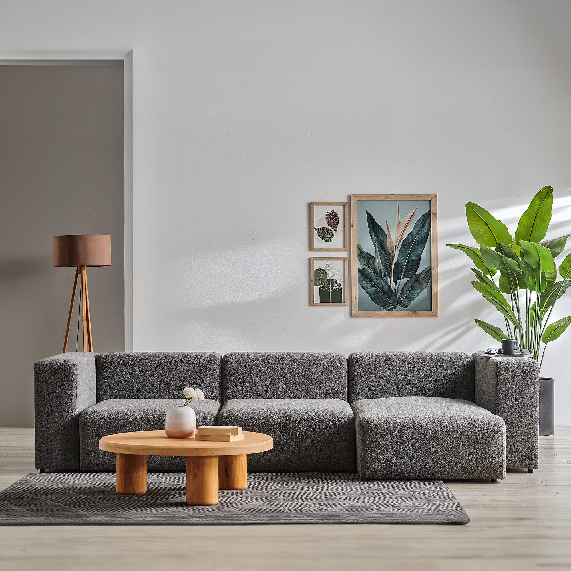 en.casa Sofa, 3 Teile, »Suldal« 3-Sitzer Modulsofa mit Longchair Webstoff Grau