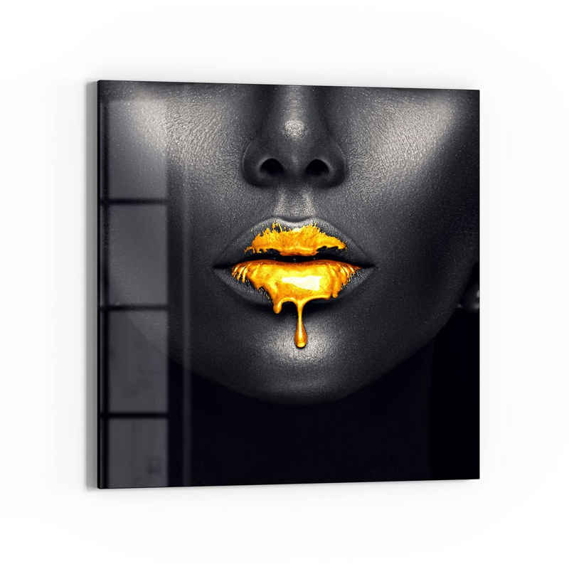 DEQORI Glasbild 'Goldbedeckte Lippen', 'Goldbedeckte Lippen', Glas Wandbild Bild schwebend modern