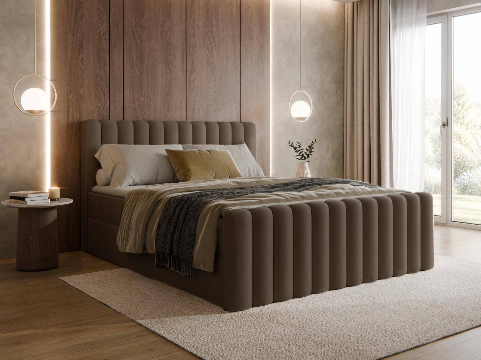 Compleo Boxspringbett INES aus Samt mit Matratze, Stauraum und gepolstertem Kopfteil (120x200 140x200 160x200 180x200 200x200)