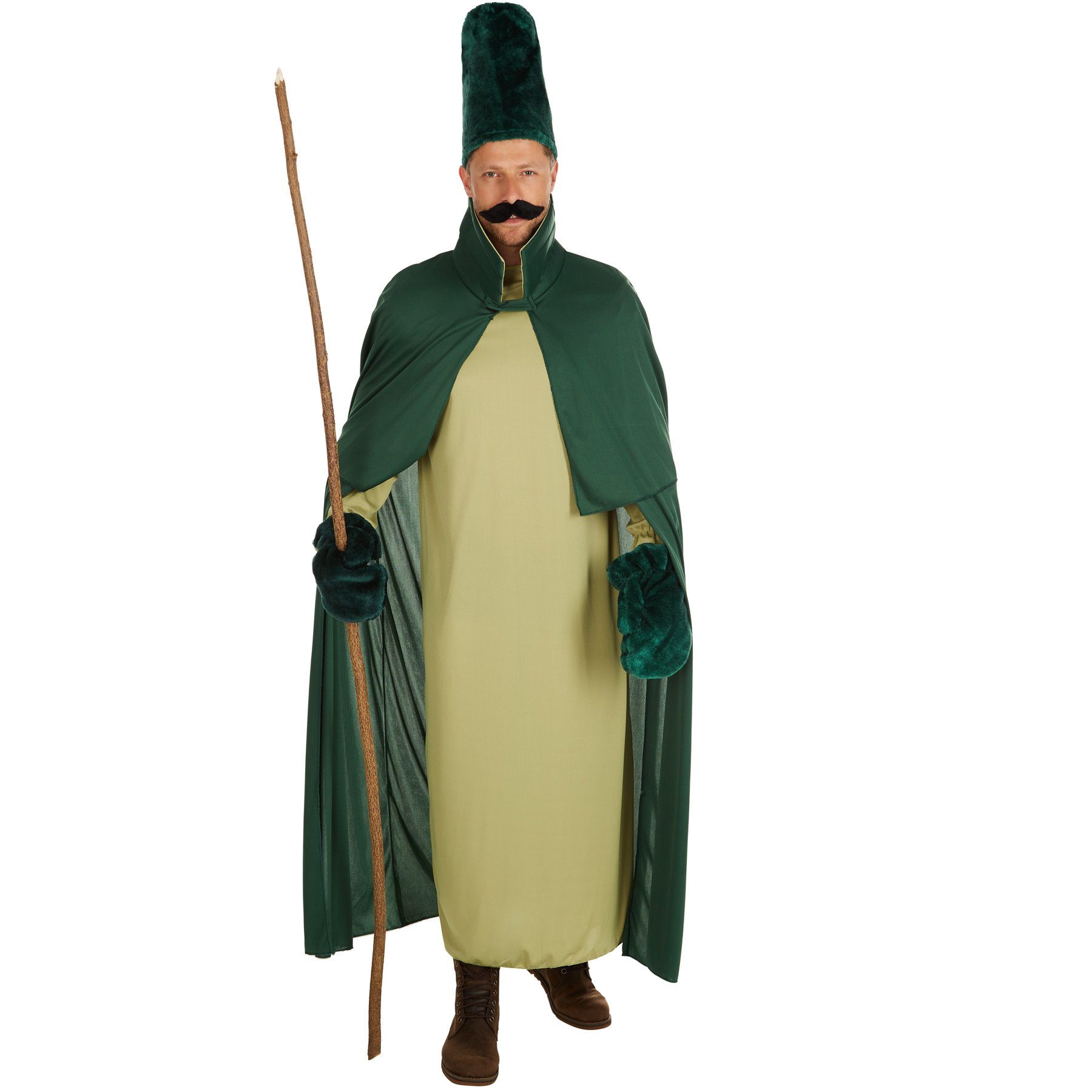 dressforfun Kostüm Waldgott, auch Naturmagier, in grün, Selbstklebender Bart, Umhang, Konfektionsgröße L, Plüschstoff Handschuhe und Hut, Langes Gewand