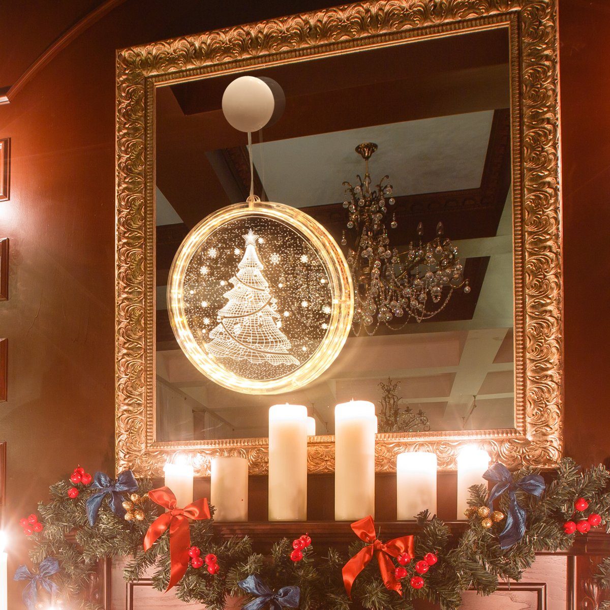 Deko, Beleuchtetes Lichter, LED Restaurant Fensterbild 3D-Effekt Spiegel Party Sunicol Hängend Wand Glas Fenster Saugnapf Weihnachten Batterie, Lichtervorhang,
