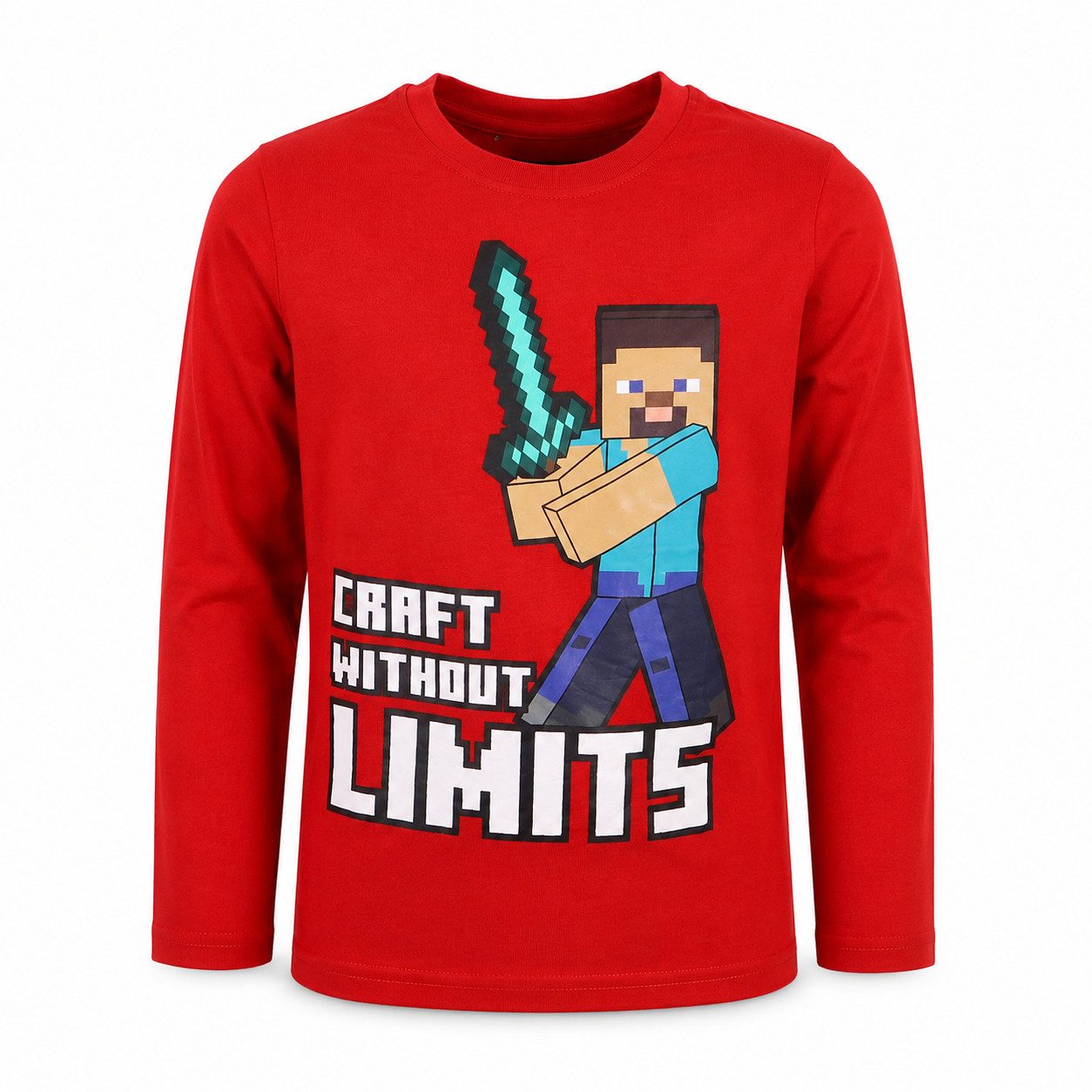 Minecraft Langarmshirt Minecraft Steve Red Gamer Kinder langarm Shirt Gr. 116 bis 152, Baumwolle, in Rot