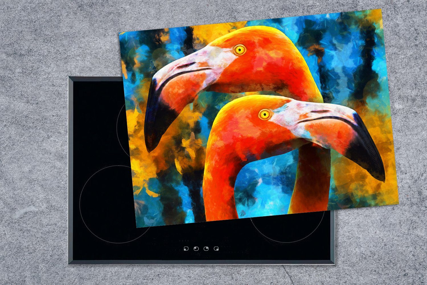 - Ceranfeldabdeckung Gemälde tlg), Mobile cm, Vinyl, MuchoWow Arbeitsfläche nutzbar, 70x52 - Ölfarbe Herdblende-/Abdeckplatte (1 Flamingo,