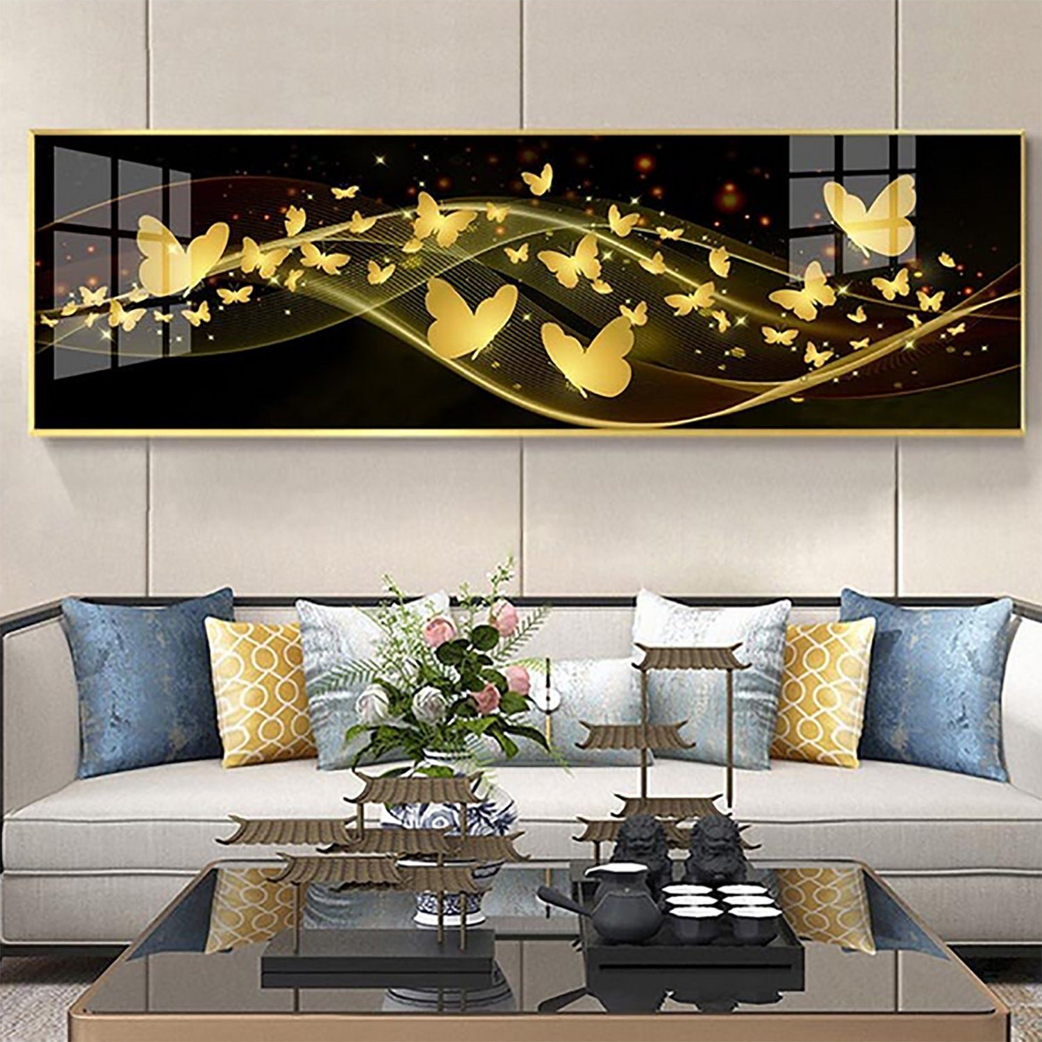 TPFLiving Kunstdruck (OHNE RAHMEN) Poster - Leinwand - Wandbild, Außergewöhnliche Blumenmotive in Breitbild-Format - (Leinwand Wohnzimmer, Leinwand Bilder, Kunstdruck), Farben: Gold, beige, rot, blau, weiß und rosa - Größe 20x60cm