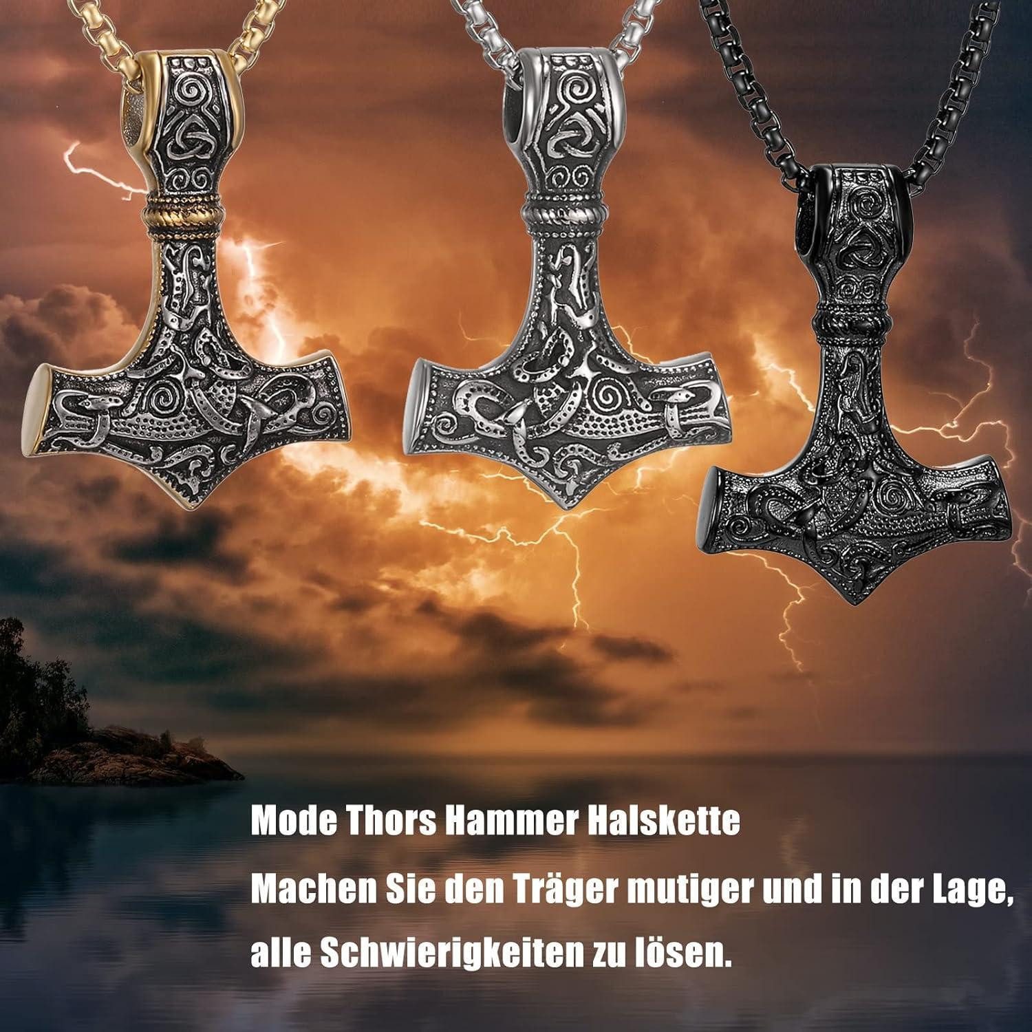 LuxusKollektion Kette mit Anhänger Wikinger Thor Hammer Halskette Edelstahl Runen Geschenke Männer – Bild 3 von 5