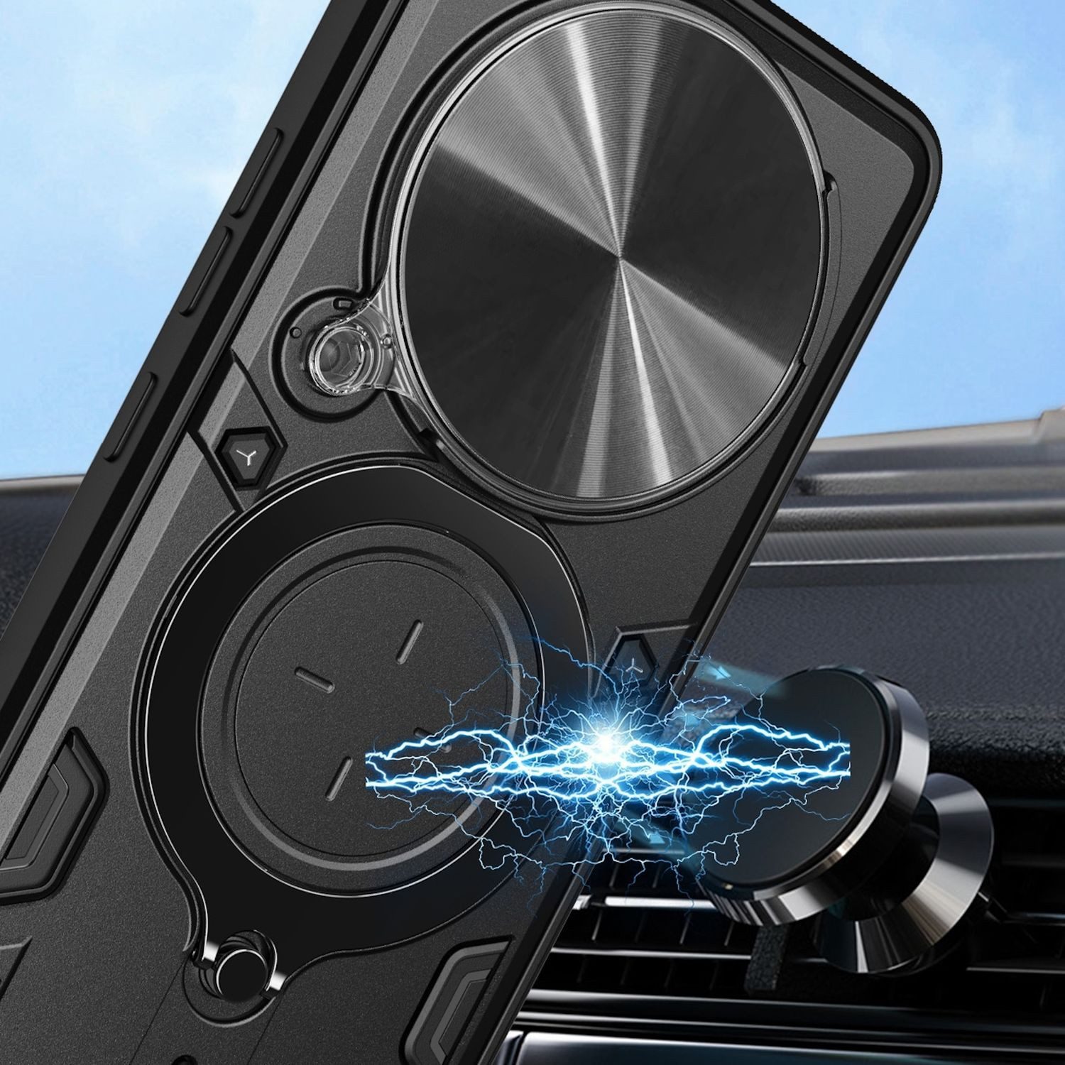 Wigento Handyhülle Für Xiaomi Redmi 14C 4G CD Sliding Kamera Hybrid Ring Hülle Schwarz, CD Texture, Schiebekameraabdeckung, Magnetischer Halter