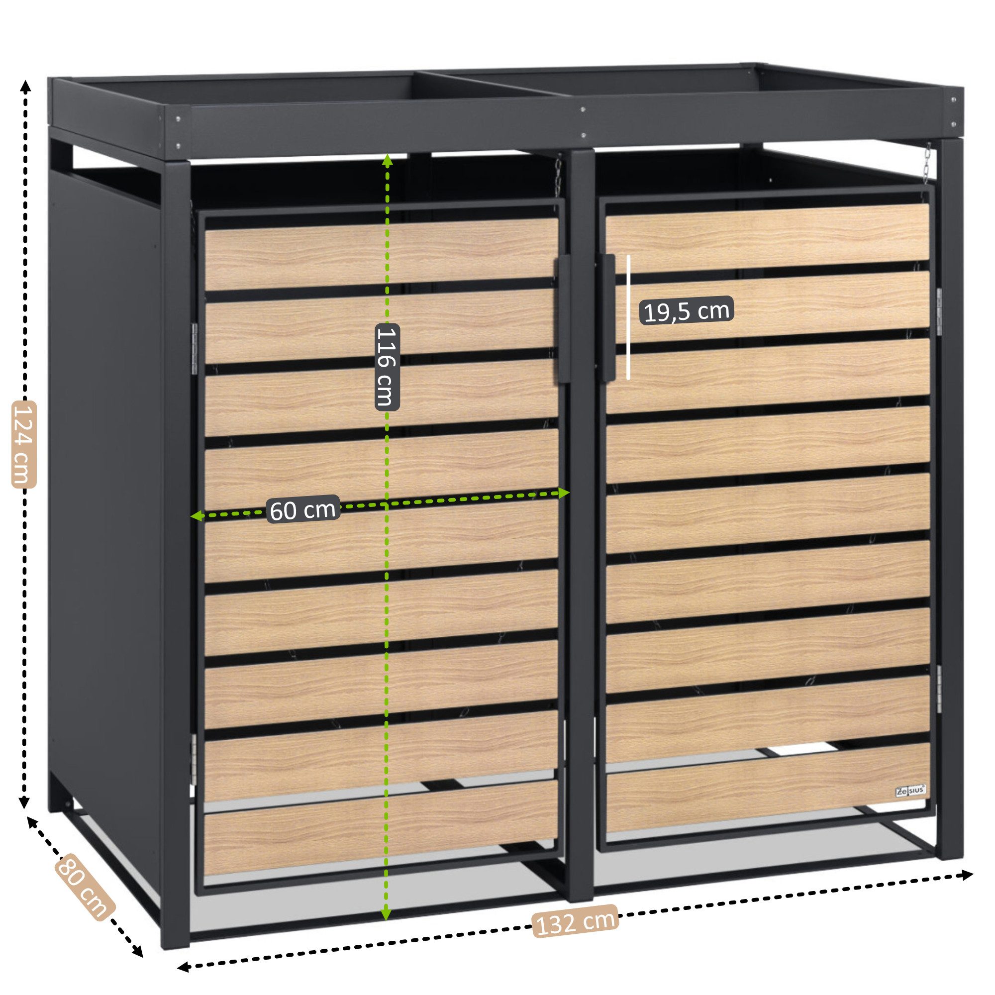 Zelsius Mülltonnenbox mit Pflanzdach 2 Mülltonnen Anthrazit RAL 7016, Tür in Holzoptik