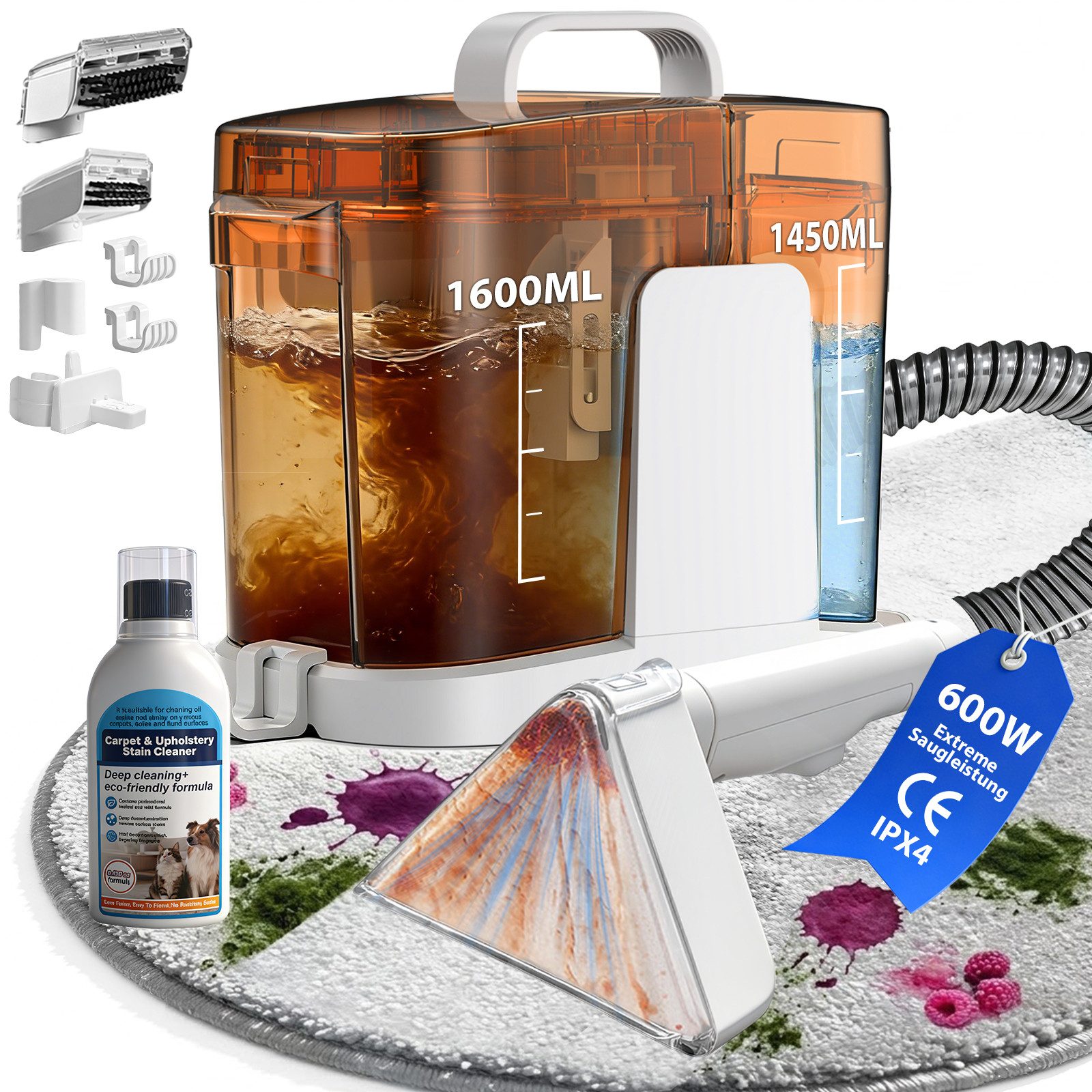 Grenintol Teppichreinigungsgerät 25kPA Waschsauger,Teppichreiniger,Tragbarerer Polsterreiniger Gerät, 600 W, Nasssauger, Tragbarerer Fleckenreiniger mit Trenntank-System, 1,6ML Schmutzwasser + 1,45ML Frischwasser, Integrierte Reinigungsfunktion – 1 Flasche Reinigungsmittel kostenlos dazu, Reinigt und desinfiziert Polster, Teppiche, Autos und Matratzen