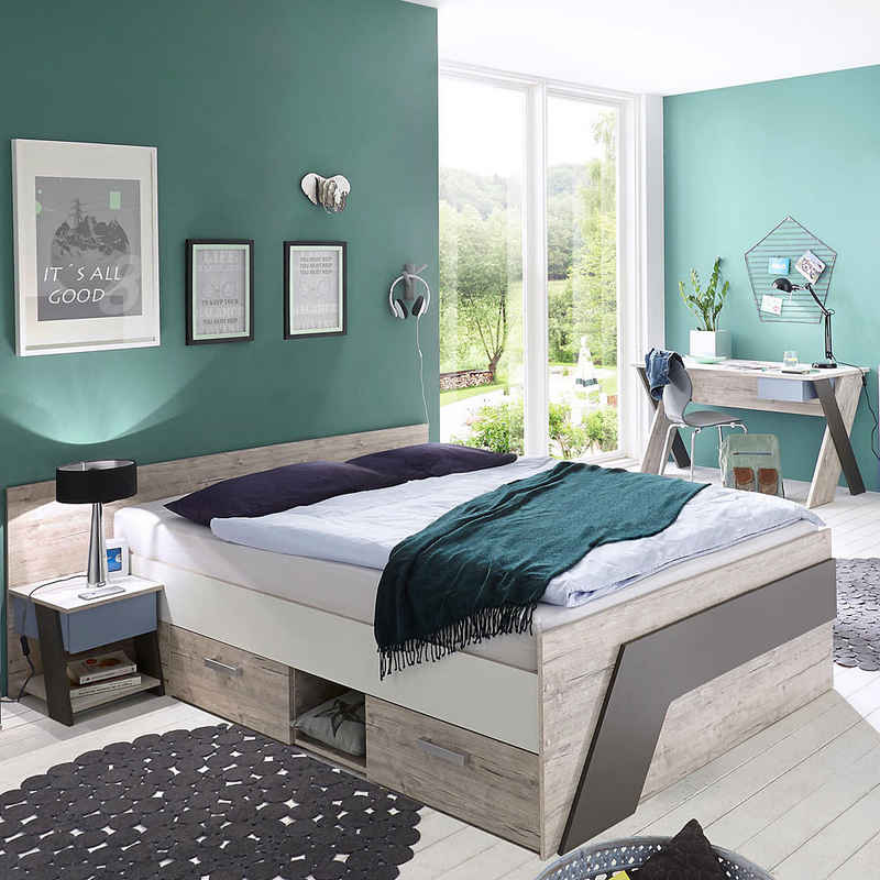 Lomadox Jugendzimmer-Set LEEDS-10, (Sparset, 3-St), Sandeiche Nb. mit weiß Lava und Denim Blau