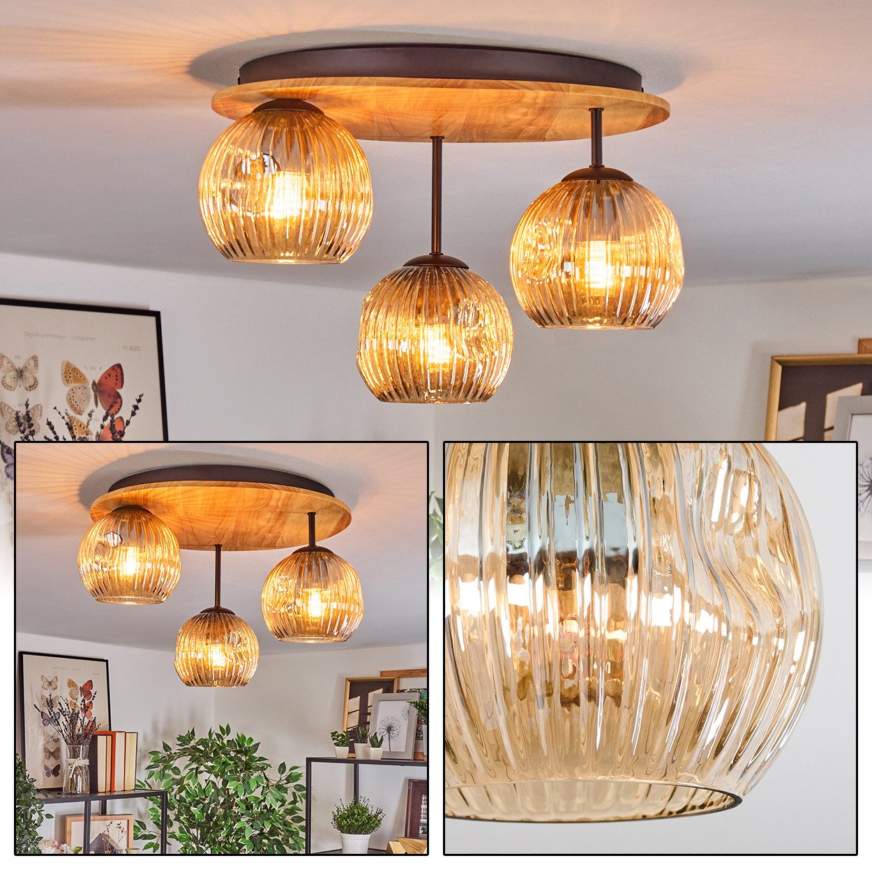 hofstein Deckenleuchte Deckenlampe aus Metall/Holz/Riffelglas in Schwarz/Na günstig online kaufen