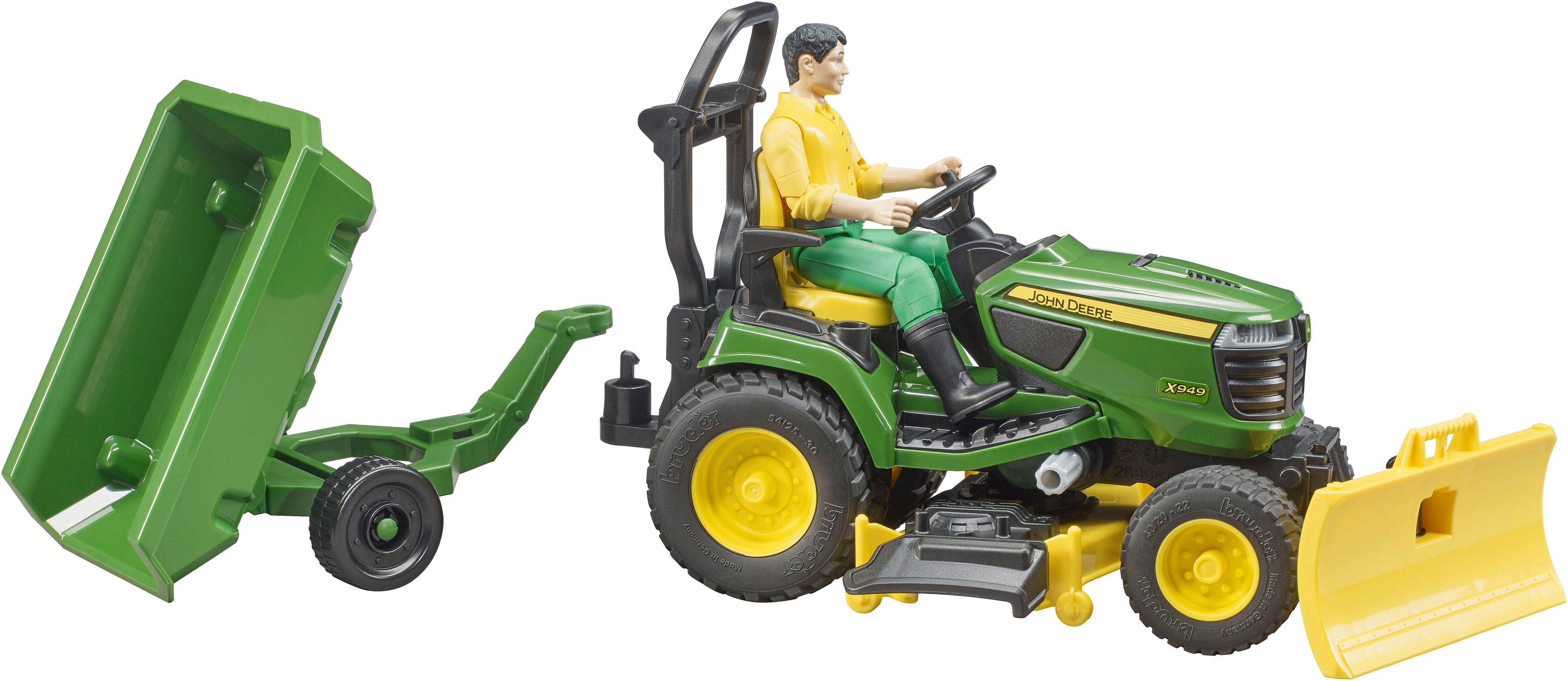 Bruder® Spielzeug-Traktor bworld John Deere Aufsitzrasenmäher mit Anhänger und Gärtner (62104), Made in Europe