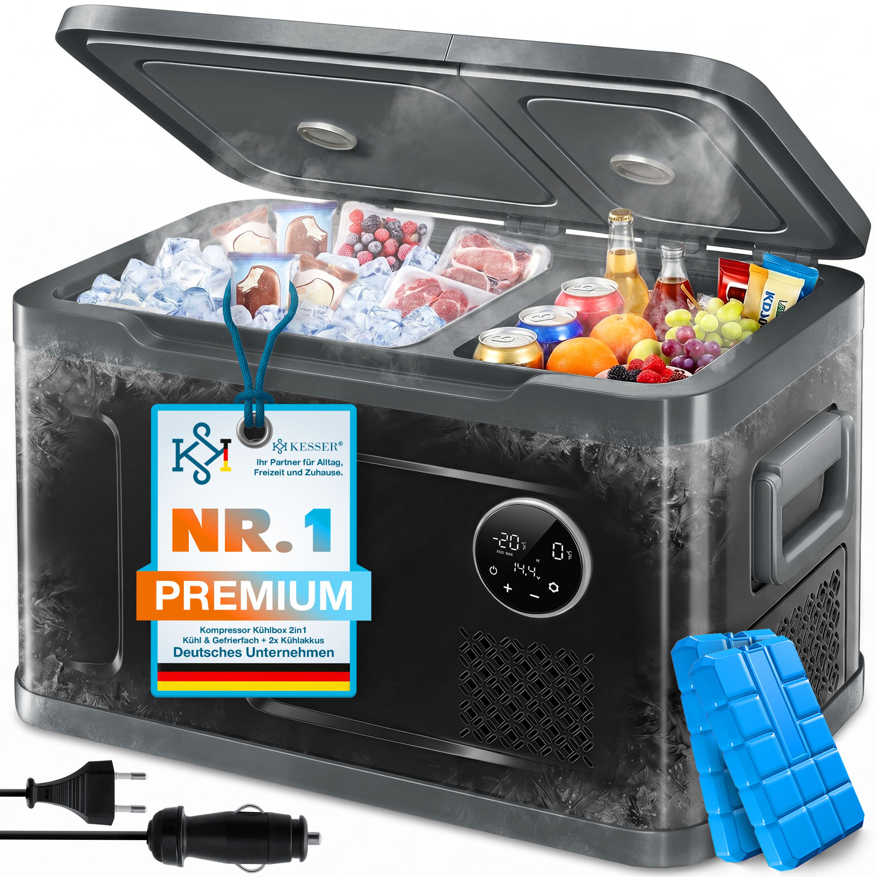 KESSER Kühlbox Kompressor 2in1 Doppelzone Kühl & Gefrierfach elektrische Gefrierbox, 40 l, mit 2x Kühlakkus & LED-Touch-Bedienung Kühlschrank bis -20 °C