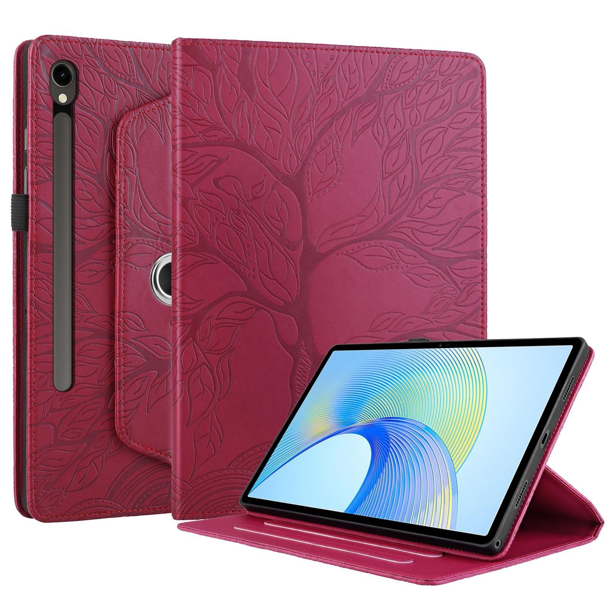 Wigento Tablet-Hülle Für Samsung Galaxy Tab S10 FE Plus 360 Baum Kunstleder Tasche Rot, 360° Drehfunktion, Baum des Lebens Motiv, Standfunktion