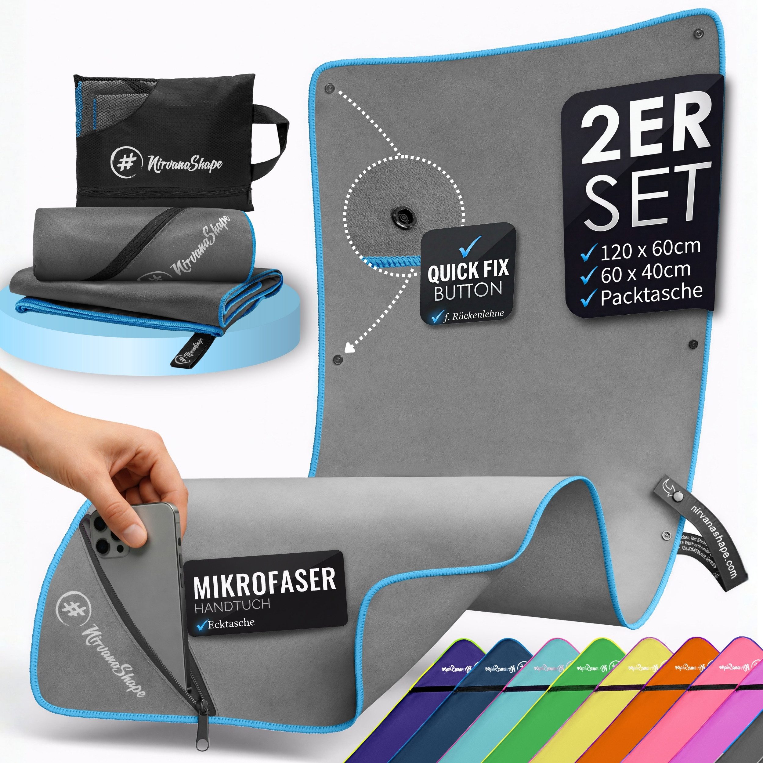 NirvanaShape Reisehandtuch Mikrofaser Handtücher Set, Badehandtuch, Reisehandtuch, Strandtuch, Ecktasche mit Reißverschluss, saugfähig, leicht, schnelltrocknend