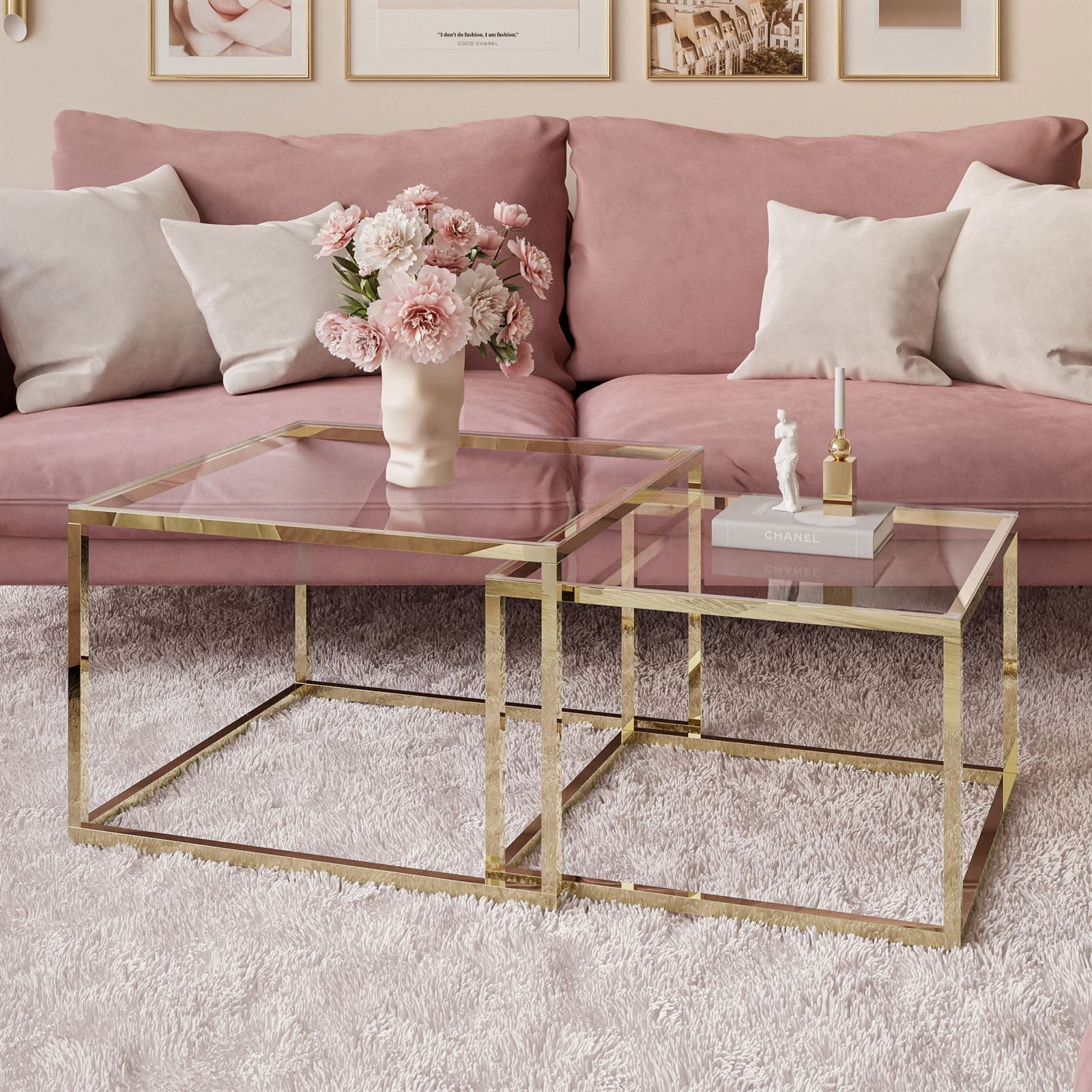 Lookway Couchtisch YOSHI GLASS 2in1 mit Goldenem Chromgestell (2er-Set), Br günstig online kaufen