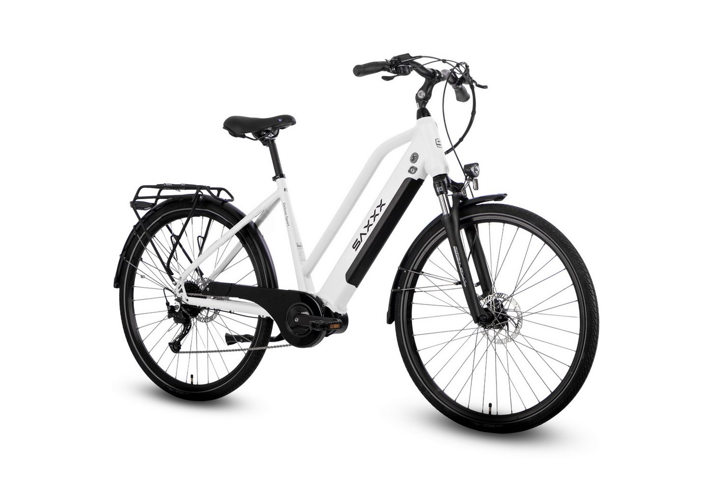 SAXXX E-Bike Cityrad 28 Zoll, 70Nm Mittelmotor, 100km, bis 130kg belastbar, 95% vormontiert, 9 Gang SHIMANO Alivio Schaltwerk, Kettenschaltung, Mittelmotor, 418 Wh, (Für Alltag, Arbeitsweg und längere Fahrten auf wechselnden Strecken), Aluminium-Trapezrah