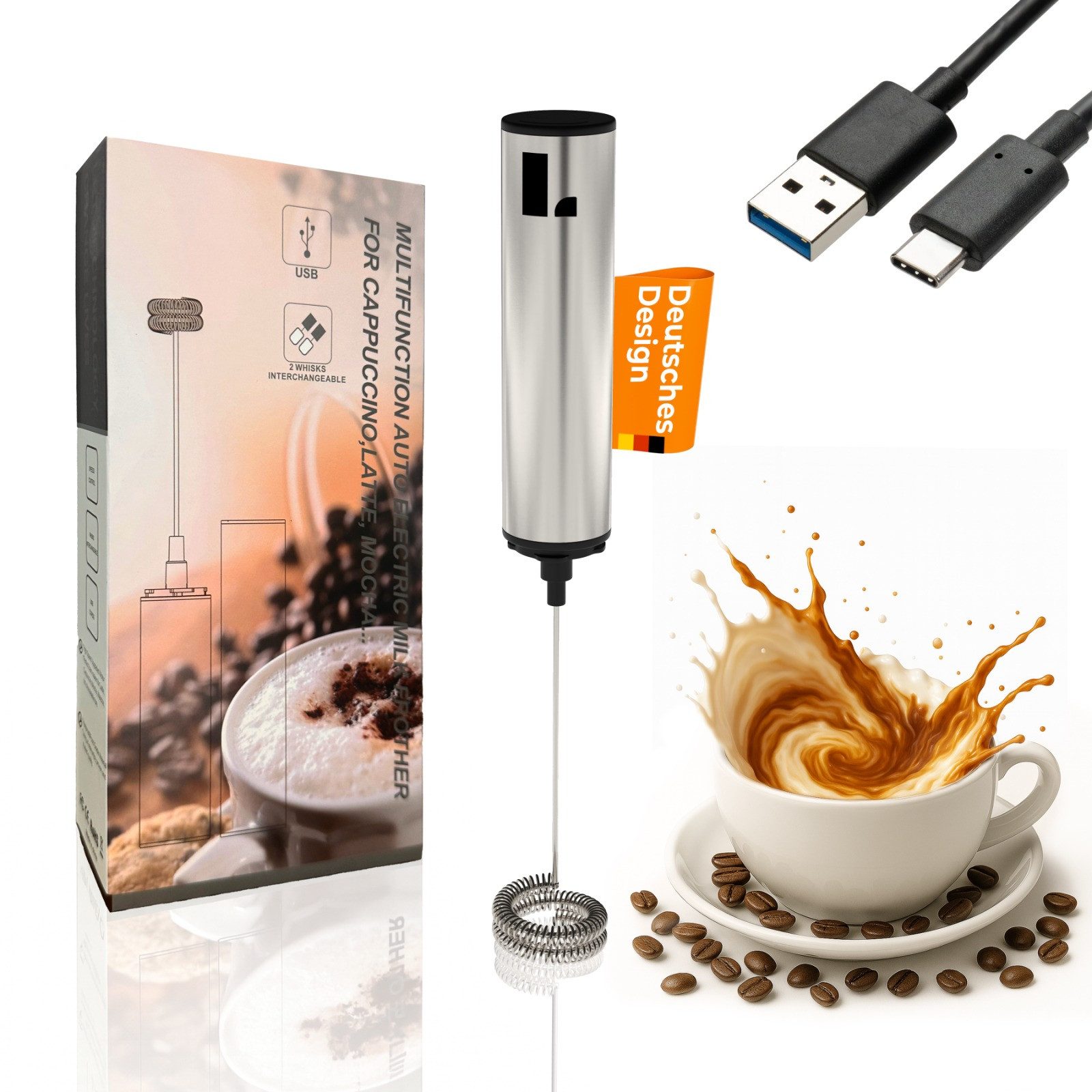 LUNARIA Milchaufschäumer kabellos, Edelstahl heiß & kalt kompakt – Cappuccino & Latte Macchiato, 8 W, Milchaufschäumer, Akku, Minimixer