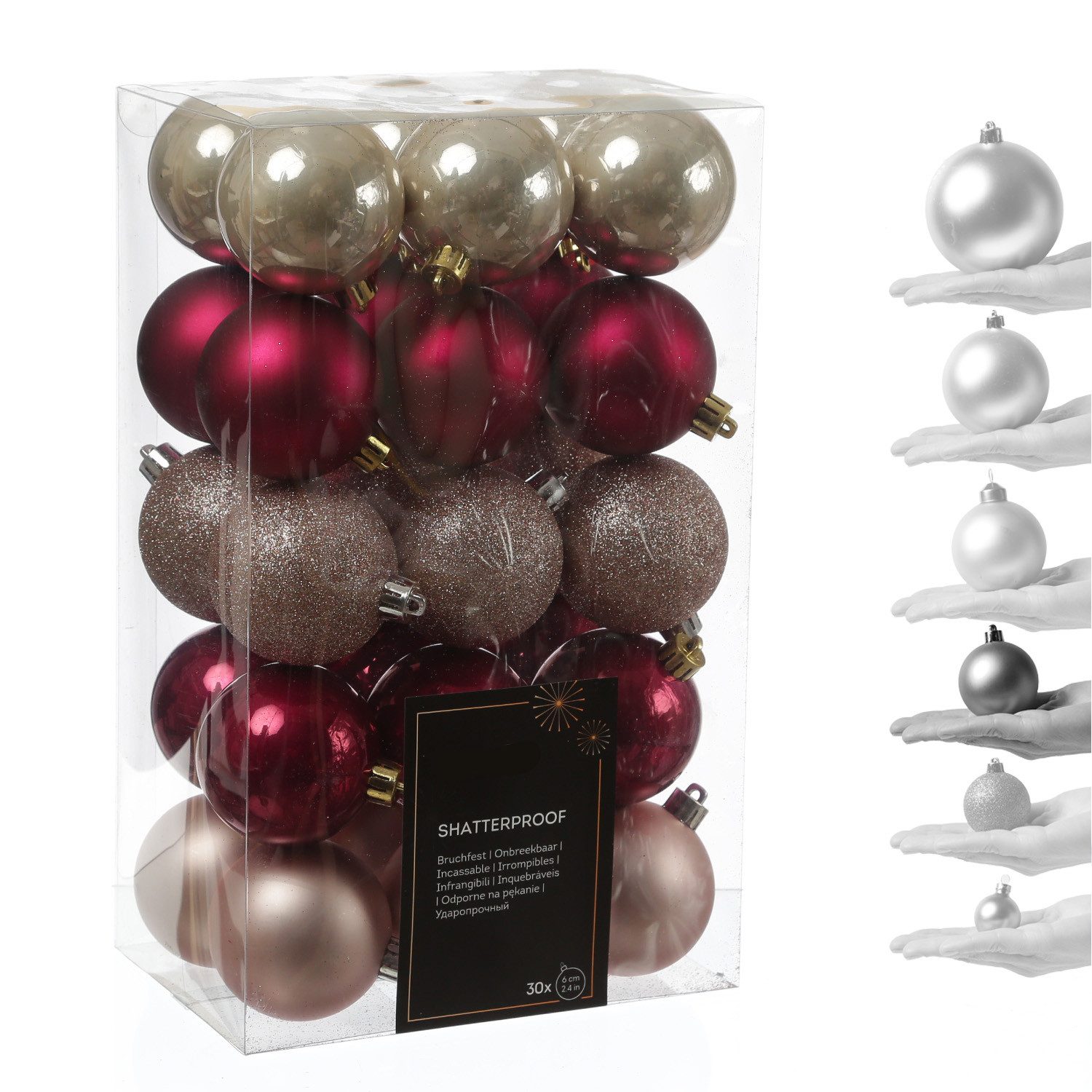 MARELIDA Weihnachtsbaumkugel Weihnachtskugeln Christbaumkugeln bruchfest 6cm pink rosa 30 Stück (30 St)