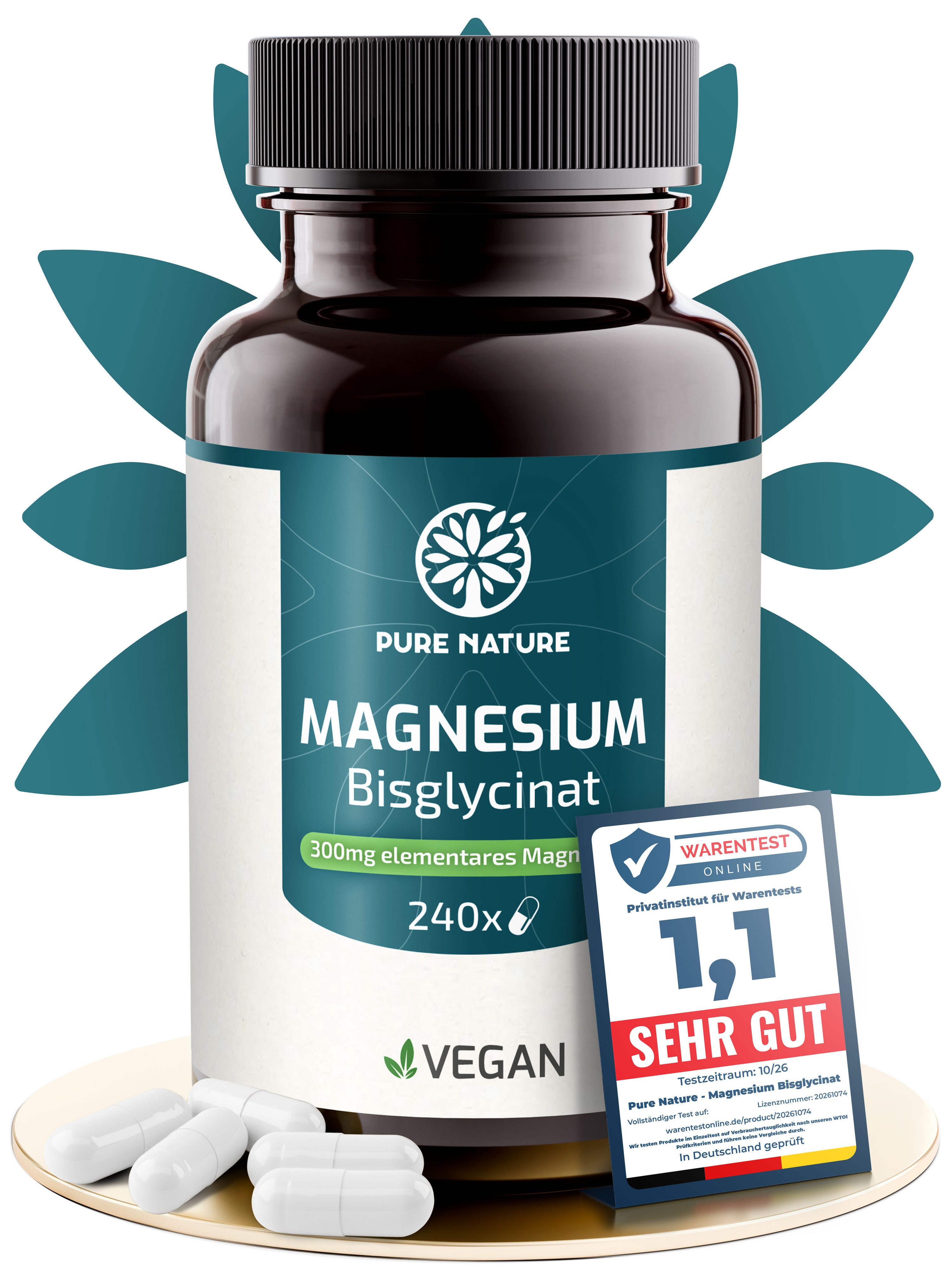 Pure Nature Magnesium Bisglycinat 240 Kapseln hochdosiert, 300 mg Magnesium Kapsel, 233 g