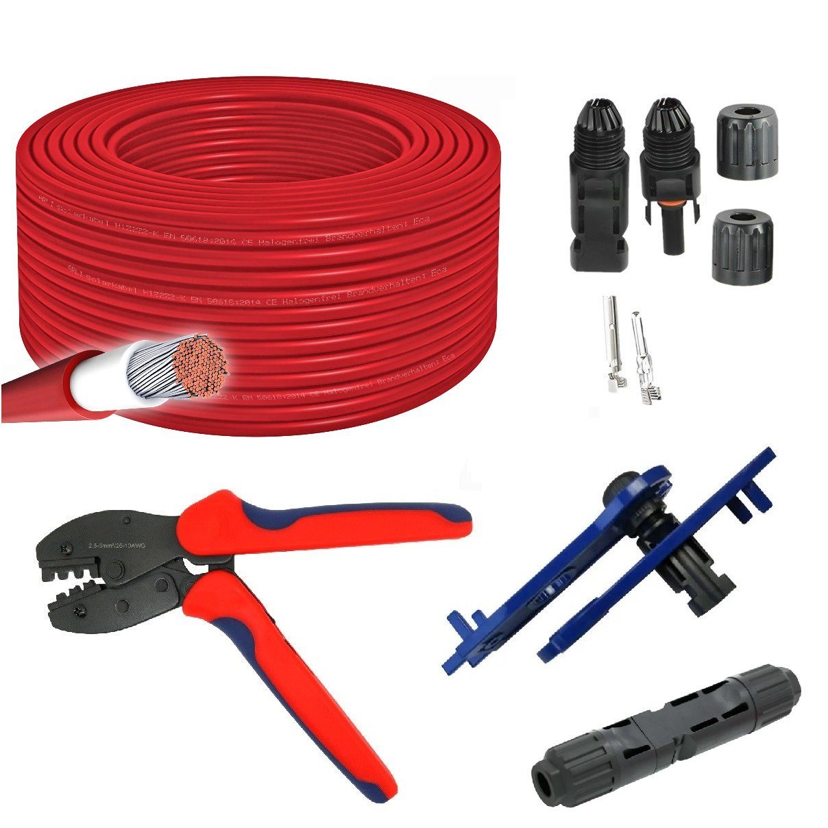 ARLI Solaranlage 100m Solarkabel 6 mm² H1Z2Z2-K rot + Crimzange + 10 Paar MC4 Stecker, (100m, 1-St., Kabel), Solar Kabel Werkzeug Set