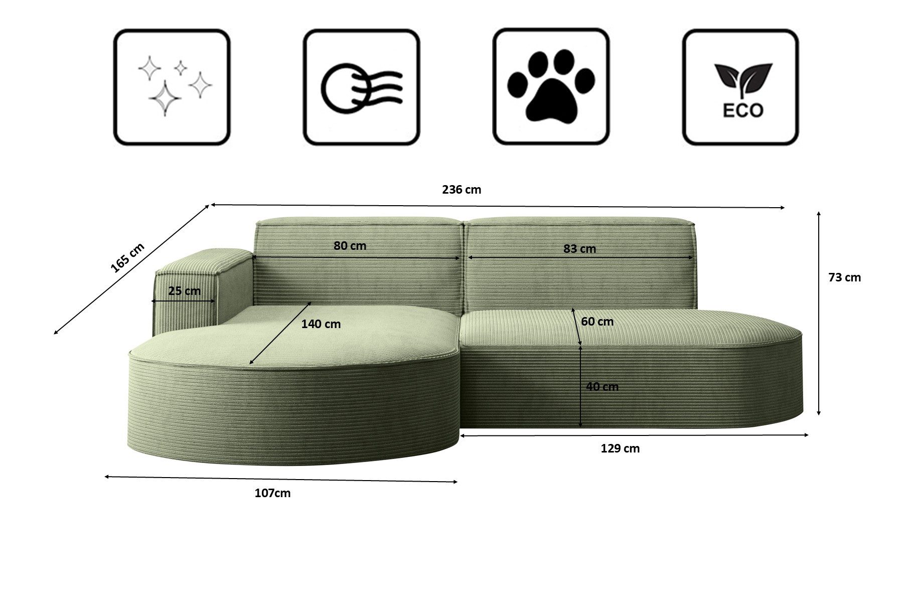 Kaiser Möbel Ecksofa Designer MODENA STUDIO L stoff Cord, Ecksofa, Cord Sofa, L-Form, Links/Rechts wählbar