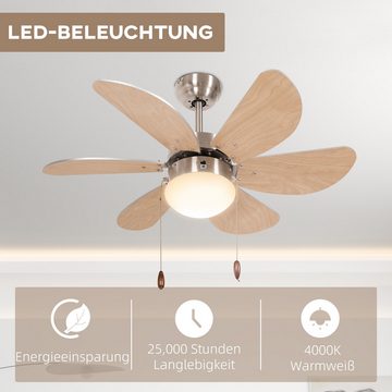 HOMCOM Deckenventilator Licht mit 6 umkehrbaren Flügeln, Kettenzugschalter, für Schlafzimmer Wohnzimmer, Buche Holzton und Silber