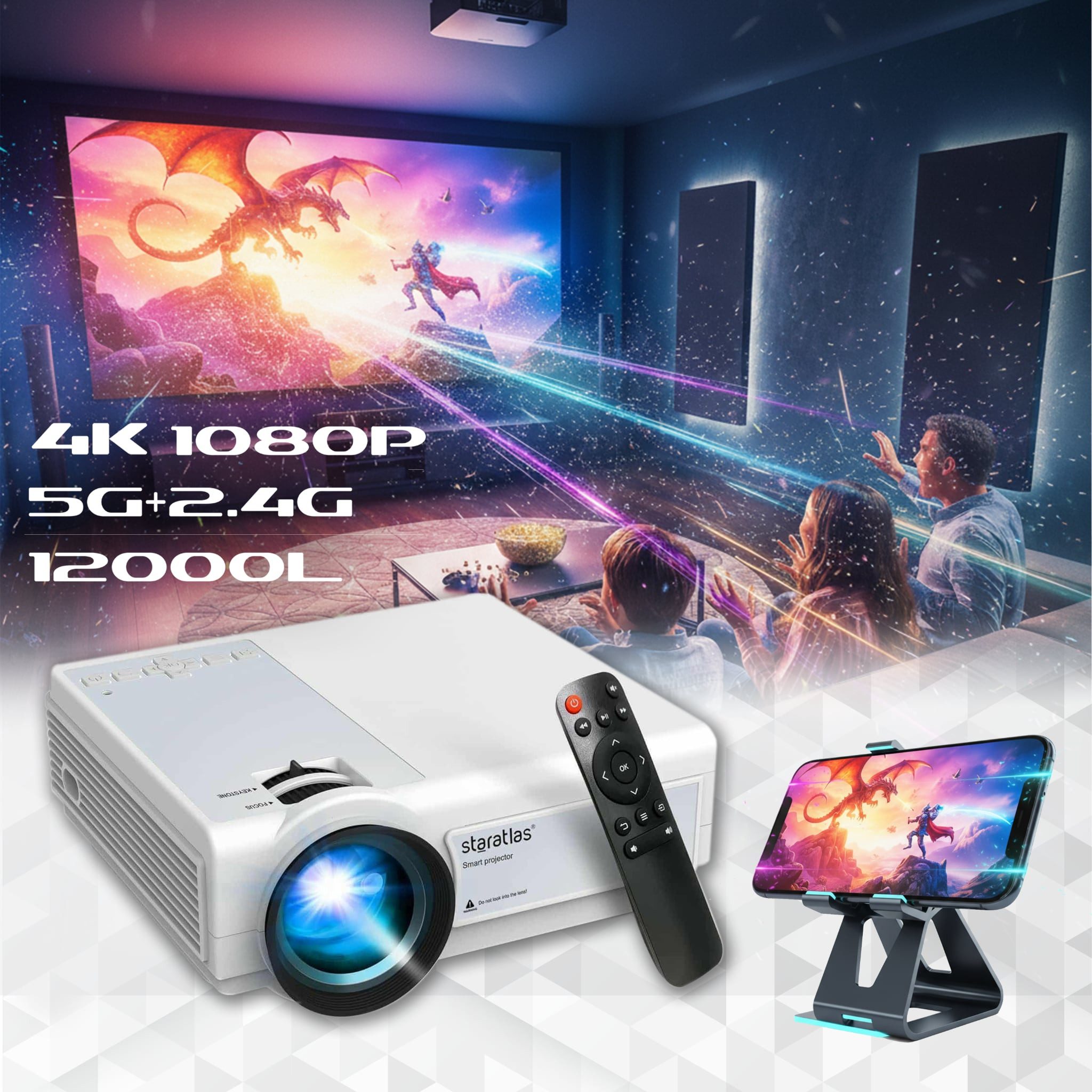 Vivitar 12000 Lumen Full HD 1080P Mini-Projektor mit 4K-Unterstützung, 5G WiFi Portabler Projektor (4K px, Bluetooth 5.1, zwei Stereolautsprechern und 300-Zoll-Display)