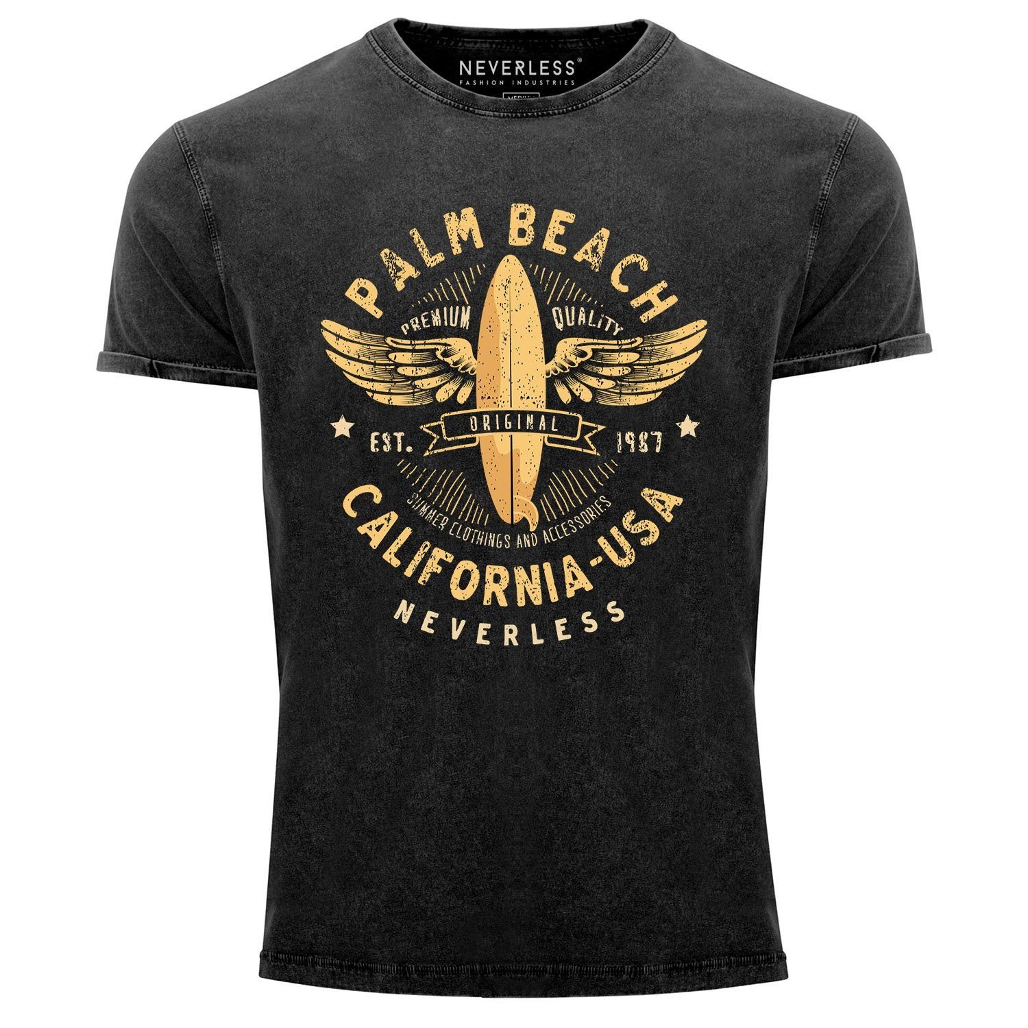 Neverless Print-Shirt Neverless® Herren T-Shirt Vintage Shirt Printshirt Surfing Motiv Vintage Effekt Palm Beach California USA Schriftzug Aufdruck Used Look Slim Fit mit Print