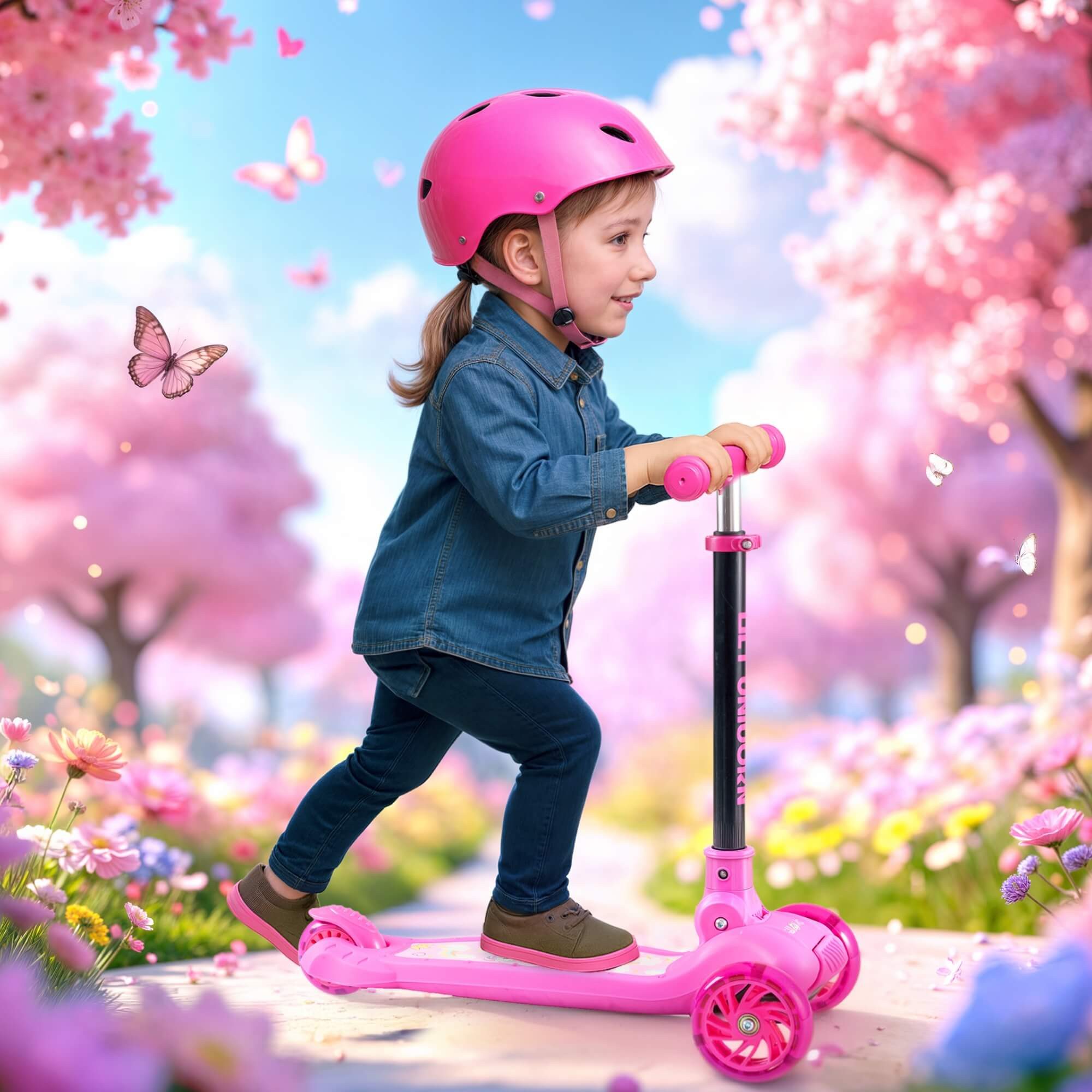 FableKids Tretroller Cityroller Kickroller, LED-Räder, Tritt-Bremse, bis 50 kg belastbar,  faltbar  höhenverstellbar Rücktrittbremse