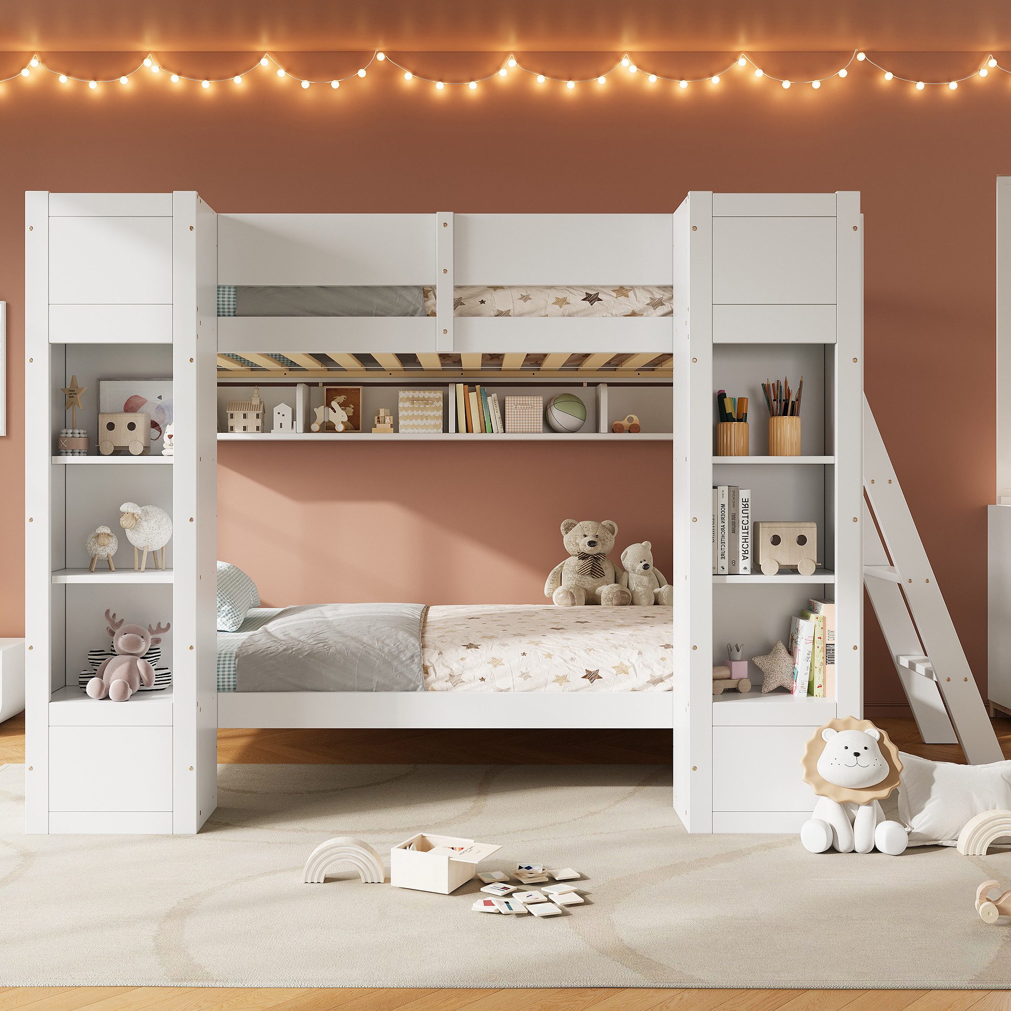 REDOM Etagenbett Kinderbett mit integriertem Stauraum, Frontschränken, Holzbett (90x200 cm, mit Sicherheitsgeländer und beidseitig montierbarer Leiter), Gästebett Stauraumbett, ohne Matratze