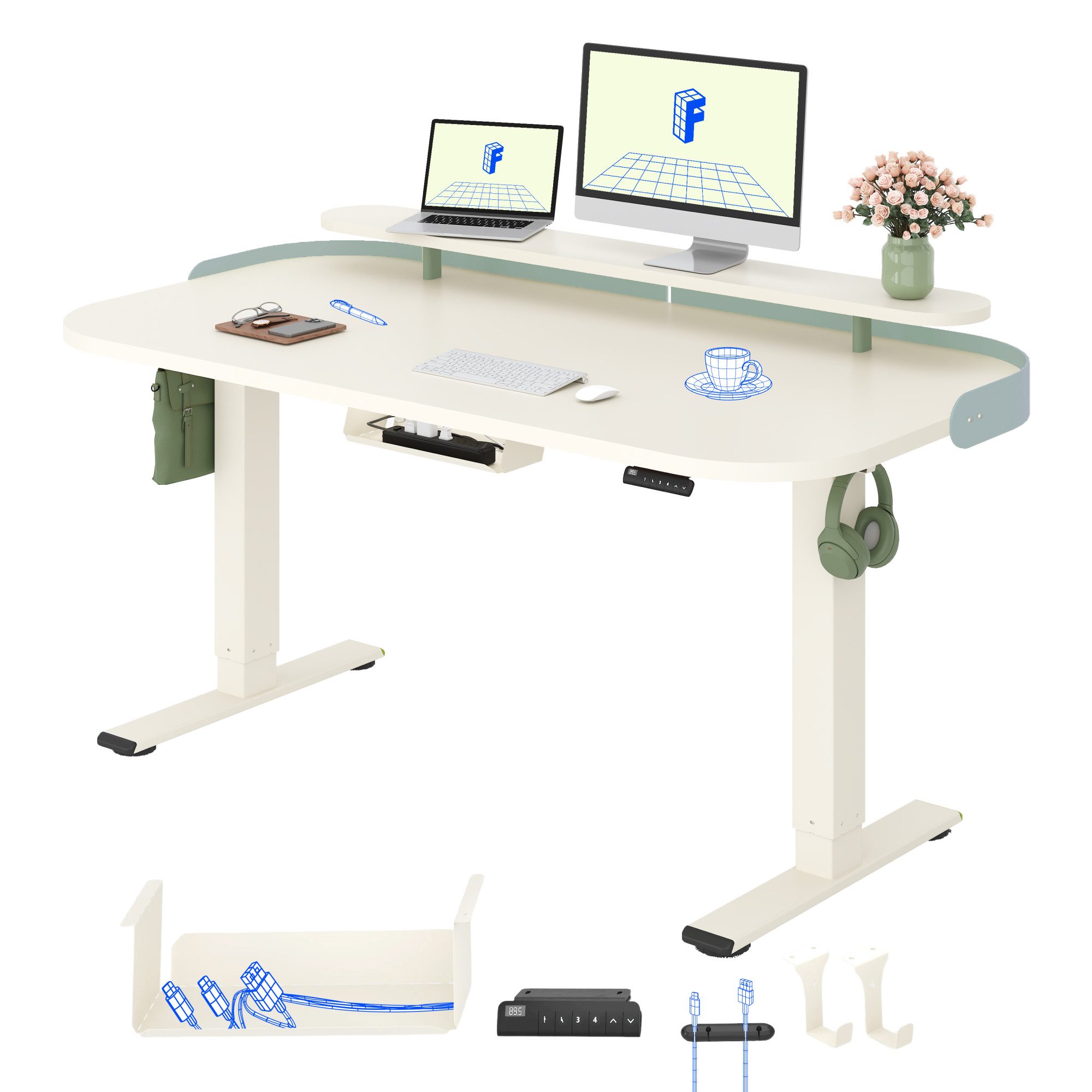 FLEXISPOT Schreibtisch Moderner elektrisch höhenverstellbarer Schreibtisch mit Monitorablage (70–119 cm höhenverstellbar, 6-Tasten Memory-Steuerung, stabiler Stahlrahmen, große Tischplatte 140×80 cm)