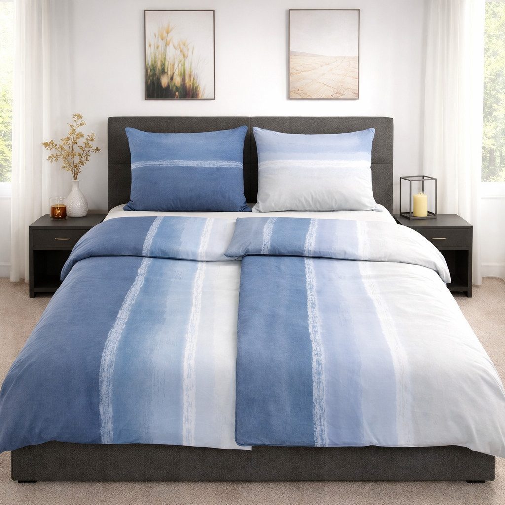 DOBNIG Bettwäsche Flanell, Flanell, 2 teilig, Farbverlauf, gestreift, blau günstig online kaufen
