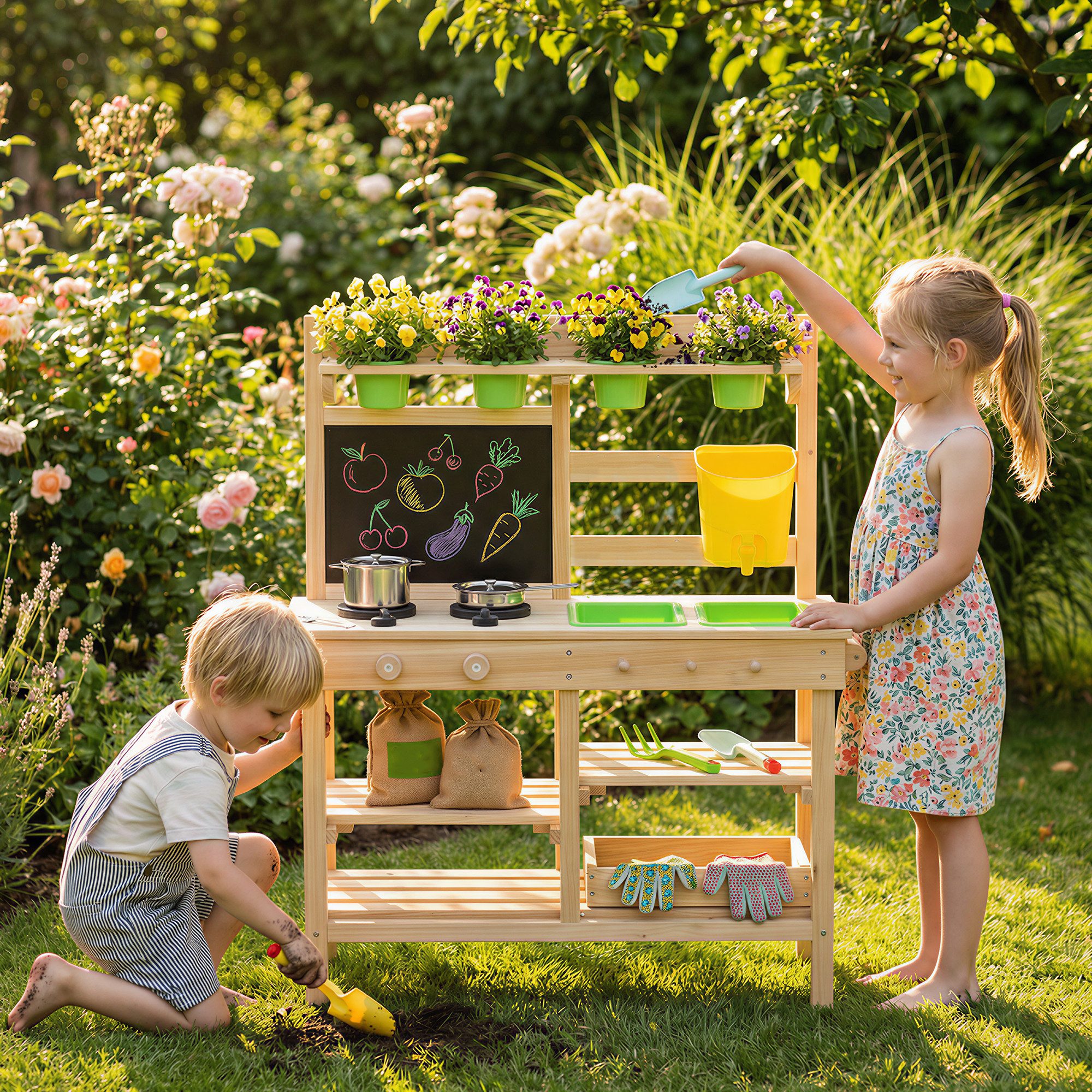 AIYAPLAY Outdoor-Spielküche Kinder Matschküche mit Spüle, Herd, Pflanztöpfen, Tafel Tannenholz, Kunststoff, für 3-6 Jahre Kinder, Naturholz