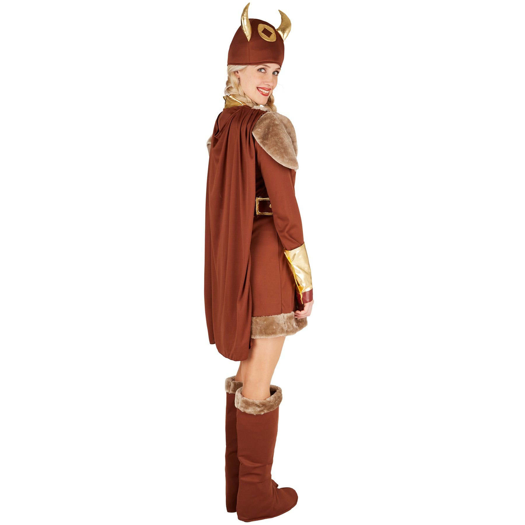 dressforfun Wikinger-Kostüm Nordfrau/Kriegerin, in der Farbe braun, Gr. XXL, Kleid mit Umhang, Schöner Gürtel, Cooler Wikinger Hut, Inkl. Stiefel - und Armstulpen