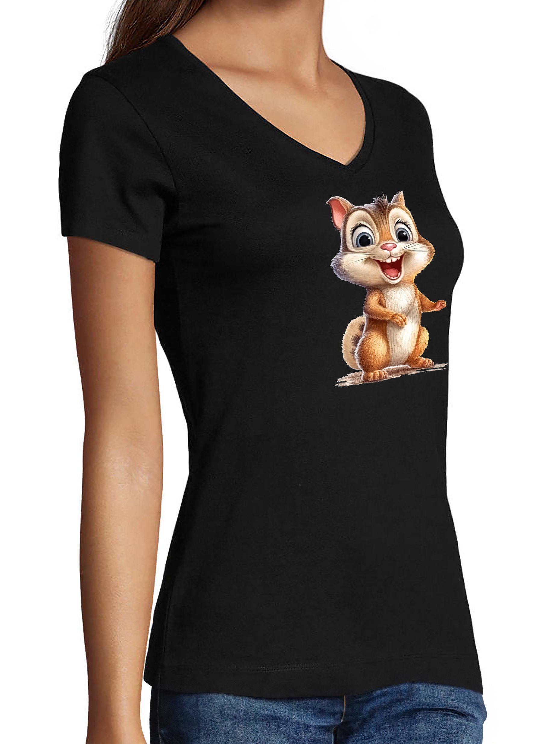 Print Baumwollshirt Damen Aufdruck Shirt MyDesign24 - mit i262 V-Ausschnitt schwarz Fit, Baby T-Shirt Eichhörnchen Wildtier Slim