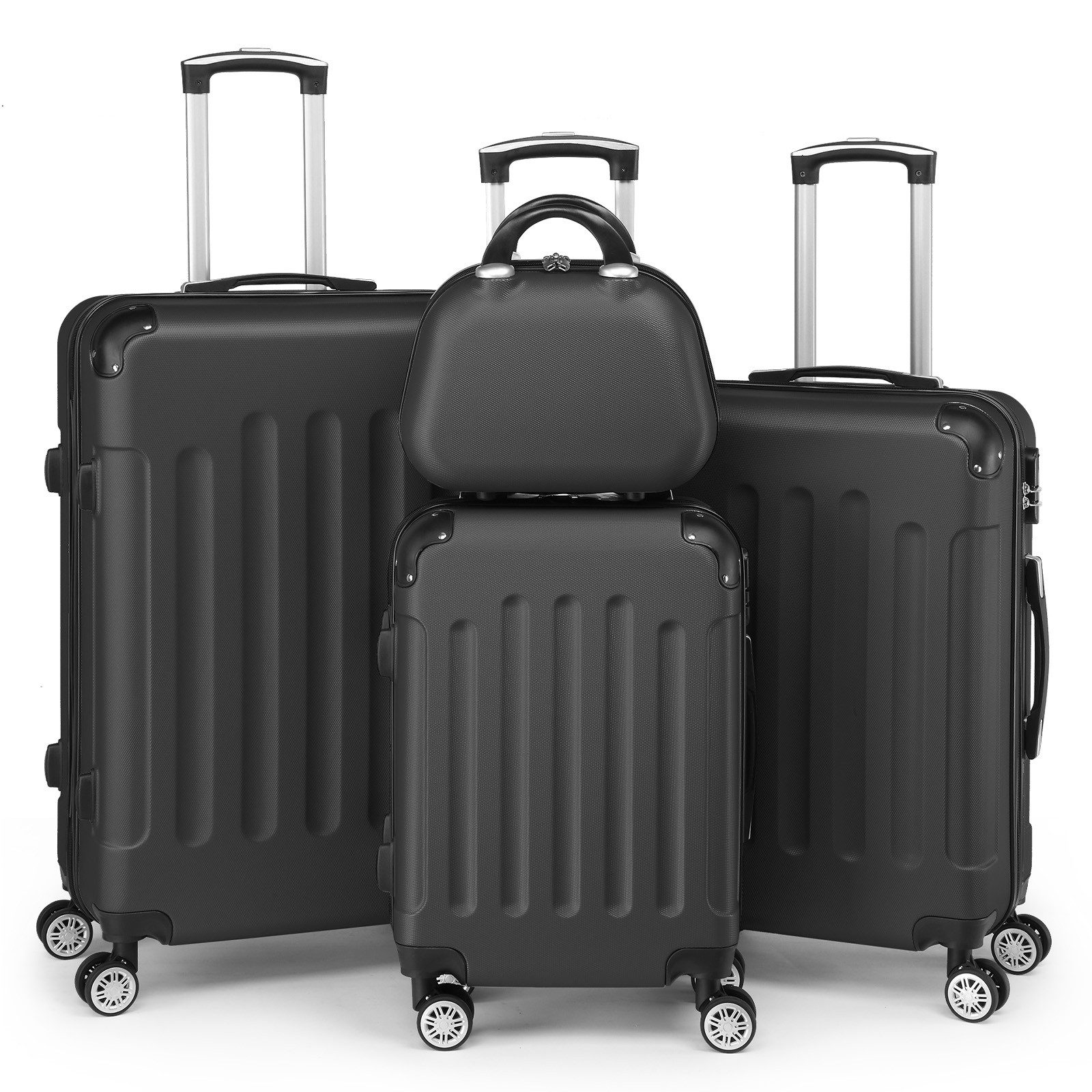 LALAHO Trolleyset Reisekoffer Set Hartschalenkoffer Trolley mit 360° Rollen, 4 Rollen, (4 tlg), Koffer Set aus ABS mit Kosmetikkoffer, Handgepäck, Schwarz