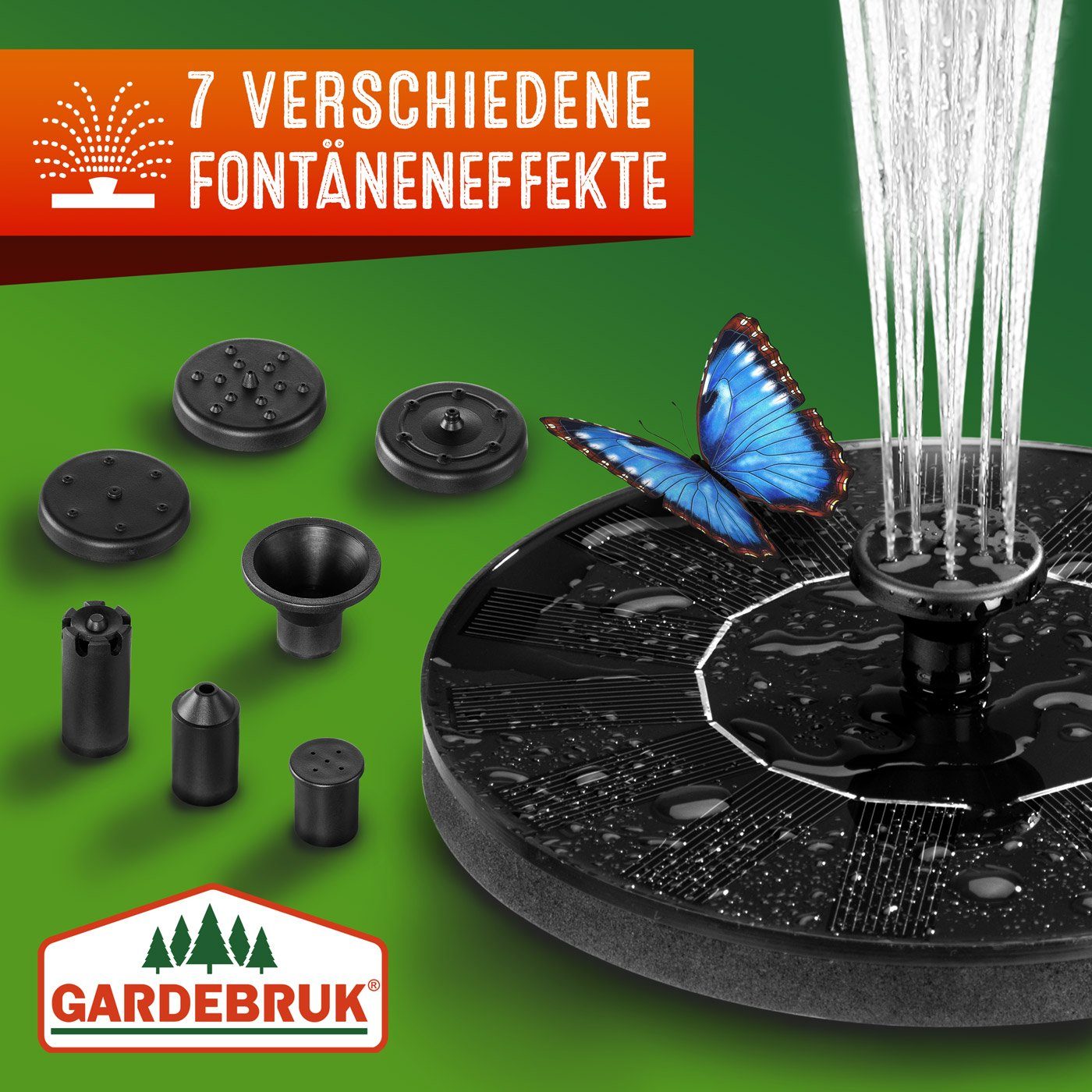 Gardebruk Wasserpumpe, 7 Effekte 180L/h Solarpanel 160mm 1,4 Watt Garten Wasserspiel