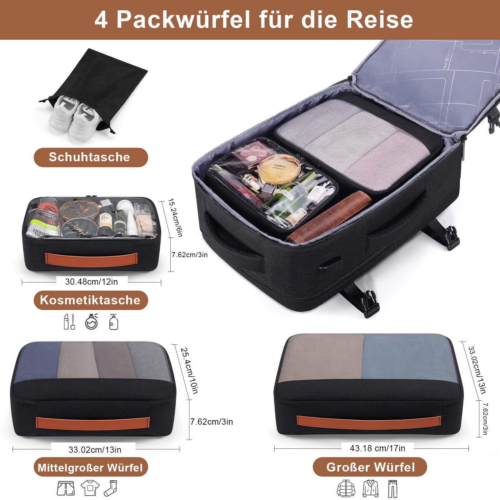 OKWISH Reiserucksack Laptoprucksack Freizeitrucksack Handgepäcktasche (mit 4 Aufbewahrungstaschen Reisen Multifunktion Tasche, Anti-Diebstahl, wasserdichtem Nylon, Schultergurten, mit Laptopfach), für Herren Damen Jungen Teenager Arbeit Business Unterwegs