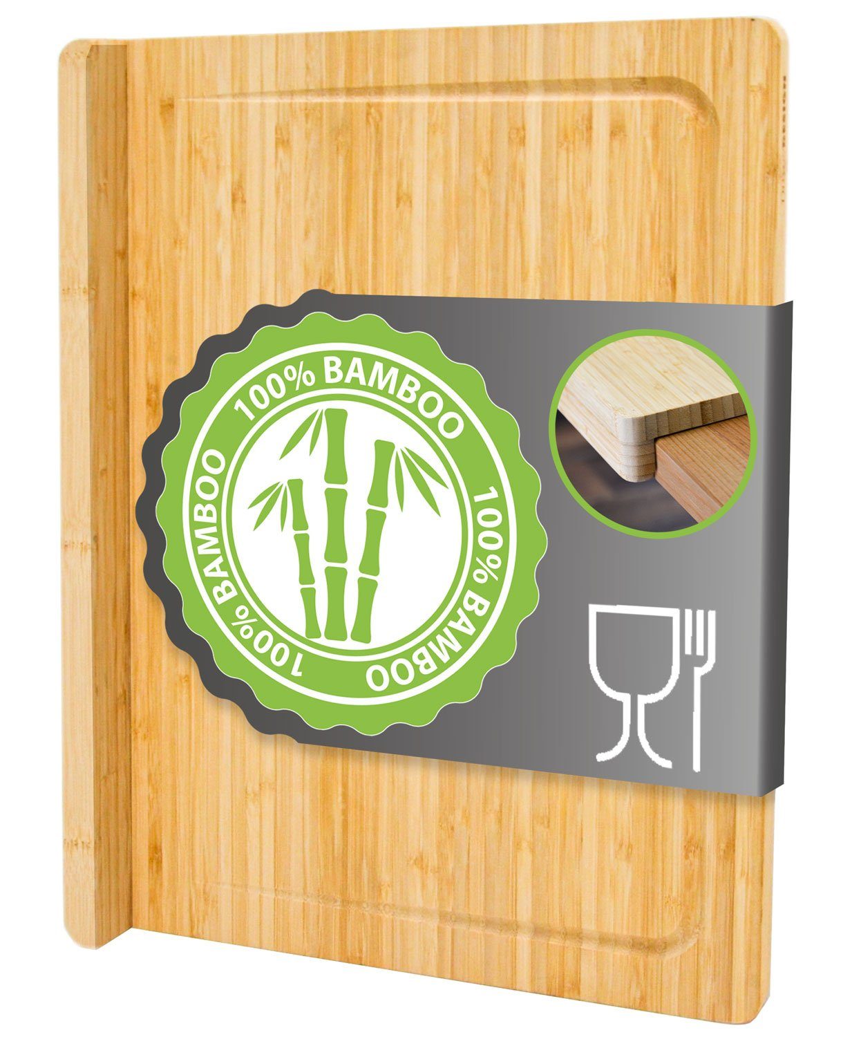 Schneidebrett Holz 44x34 mit Anschlagkante und Saftrille - Großes Bambus Küchenbrett