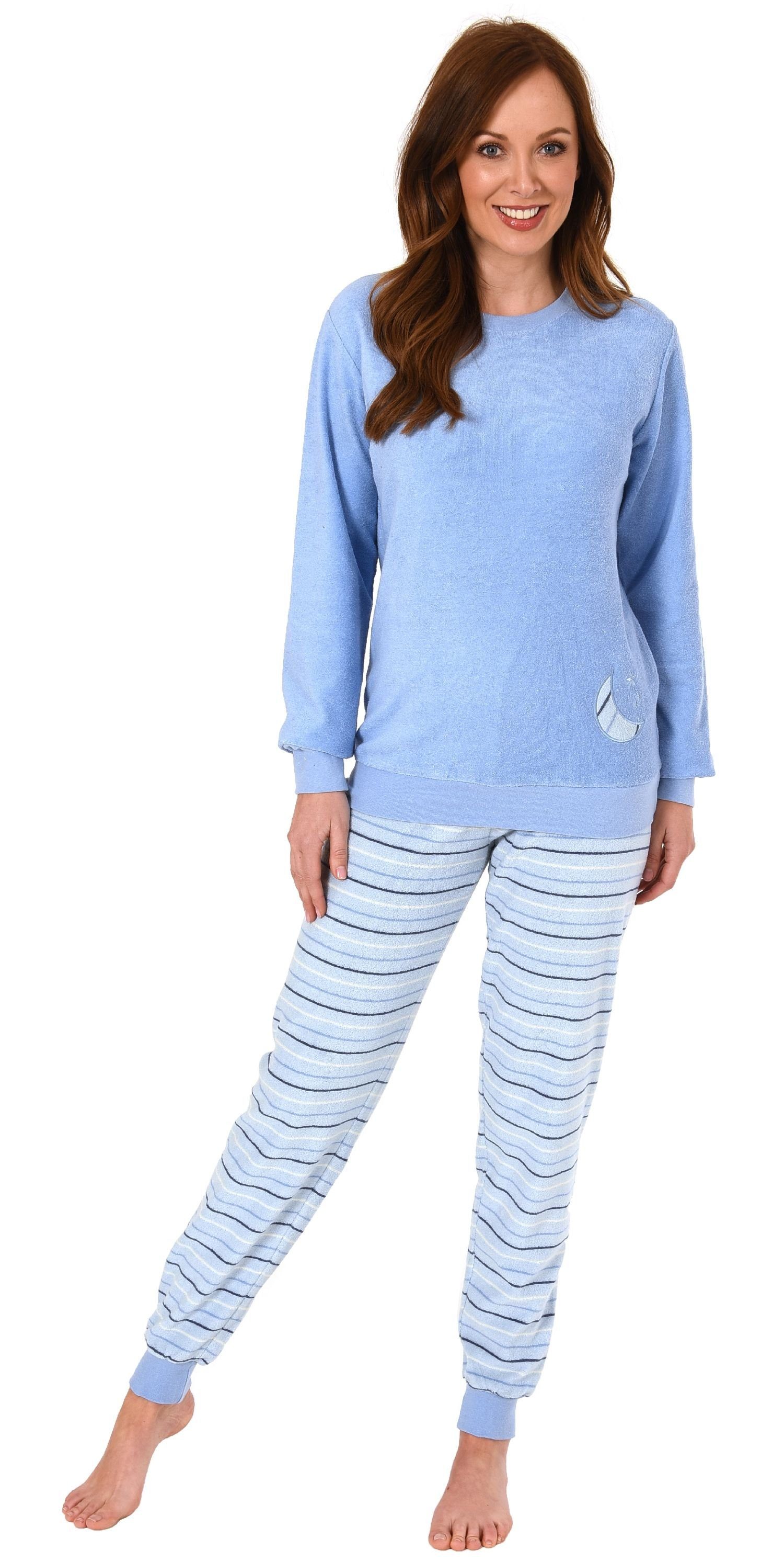 Normann Pyjama Damen Frottee Mond Applikation mit Bündchen und Pyjama hellblau Sterne und