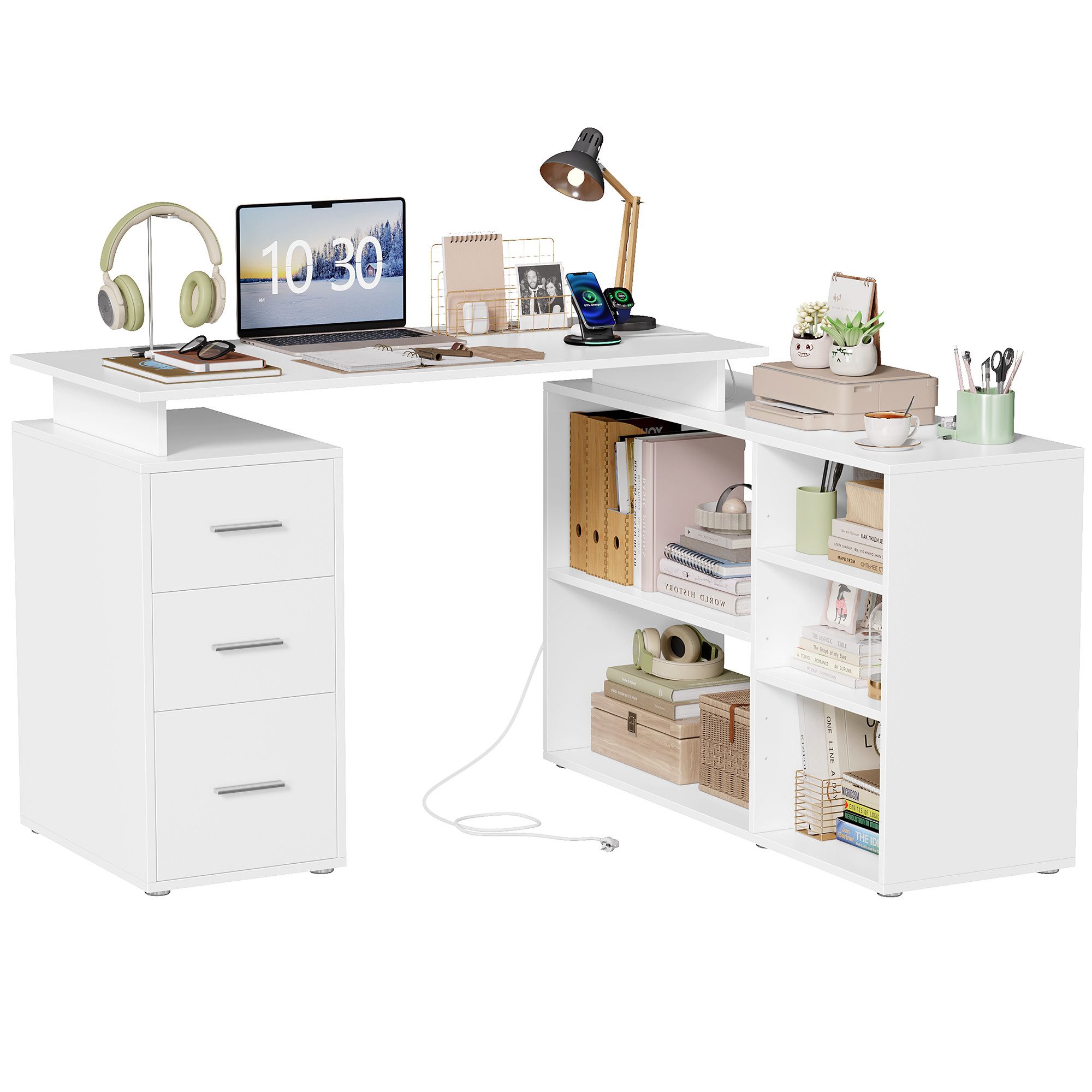 Homfa Eckschreibtisch Schreibtisch Computertisch mit Steckdosen, Schreibtisch L Form mit 2 Steckdosen 1 USB-A 1 USB-C 129x104x76cm weiß