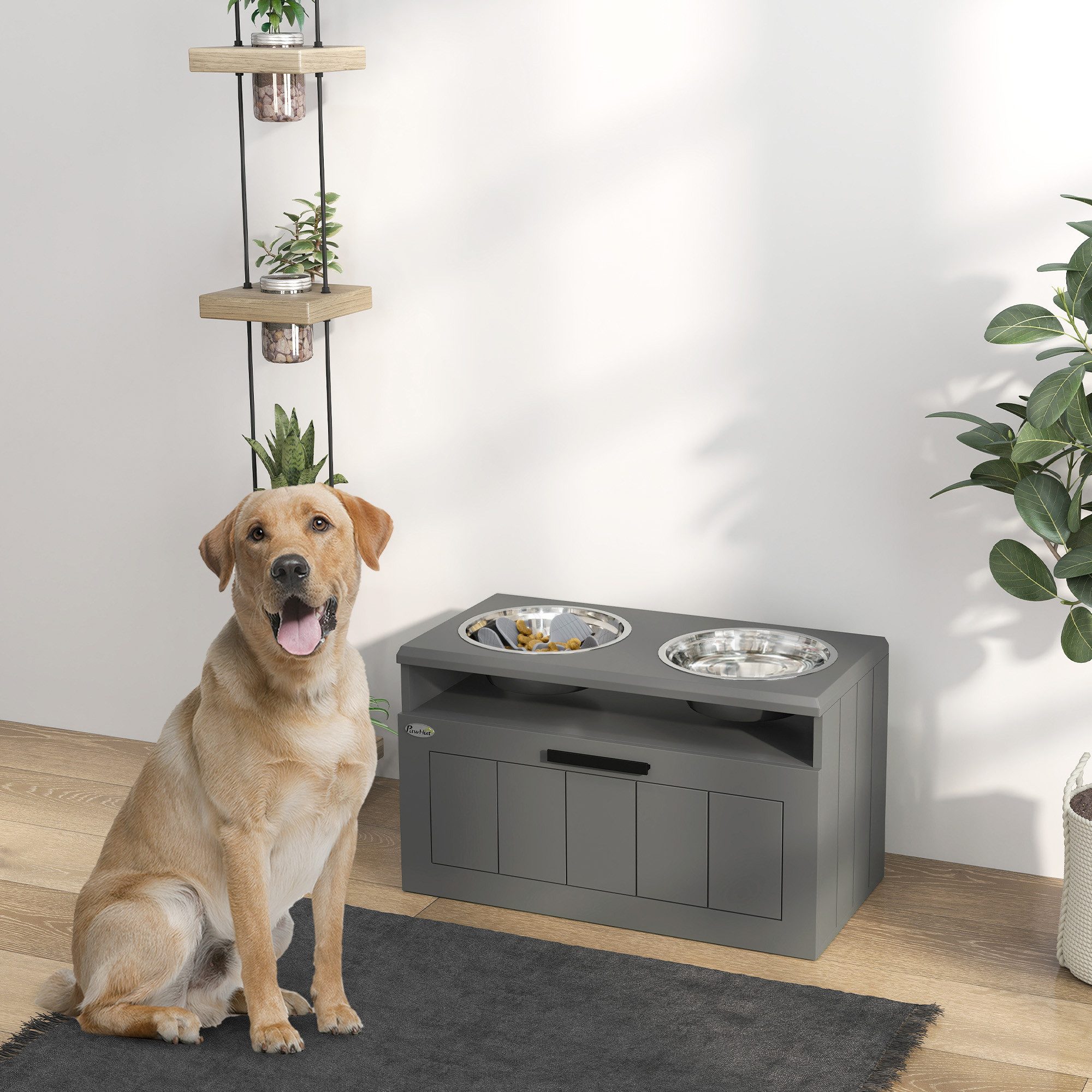 PawHut Futternapf Erhöhter Hundenapf mit Ständer Wassernapf 2 x 2L Futterstation, Edelstahl, für große und extra große Hunde, Grau