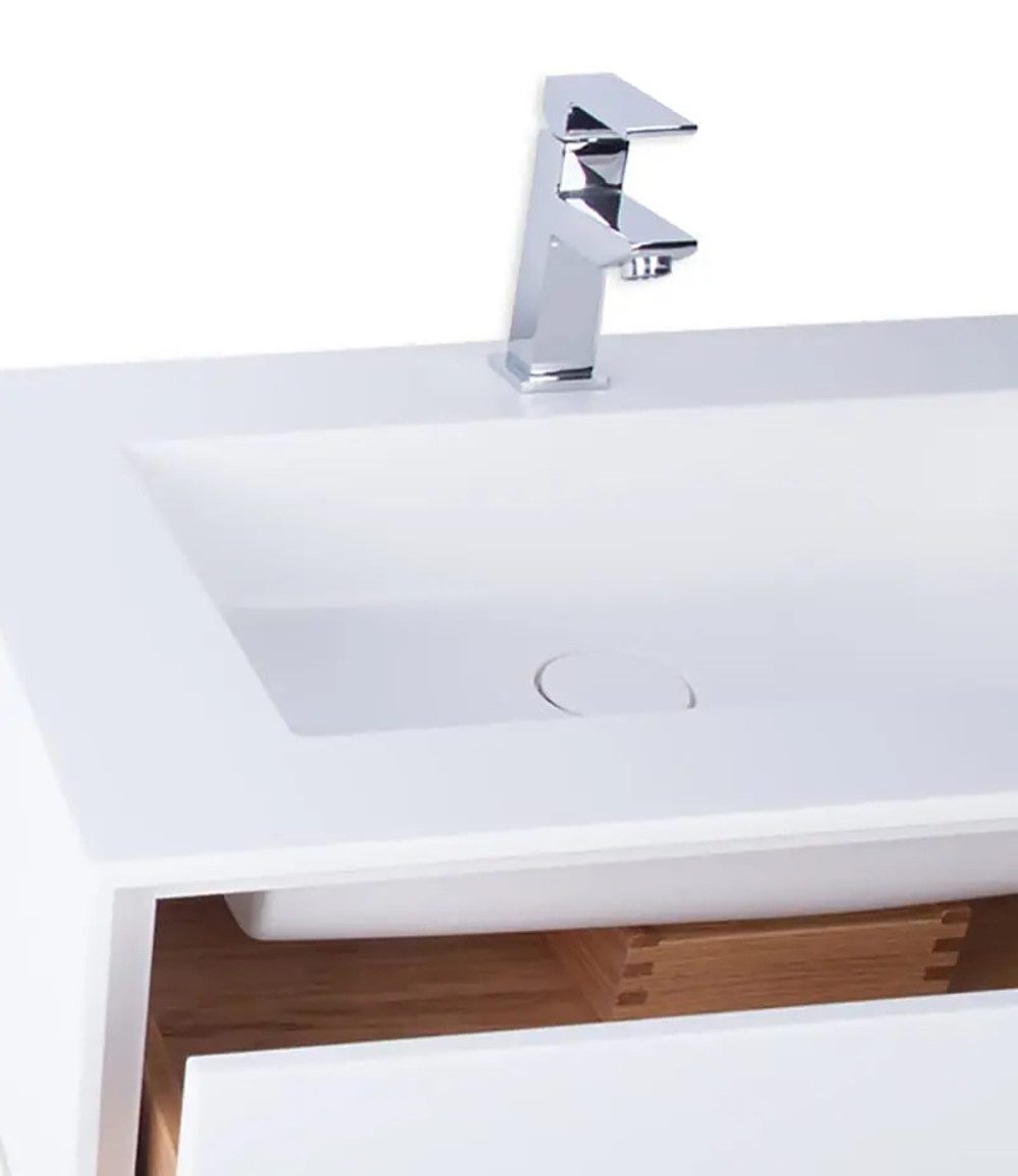 Henneke Waschtisch Corian® PureOne+ mit Becken mittig eckig und Unterschrank zweireihig, Fugenlos aus Mineralwerkstoff