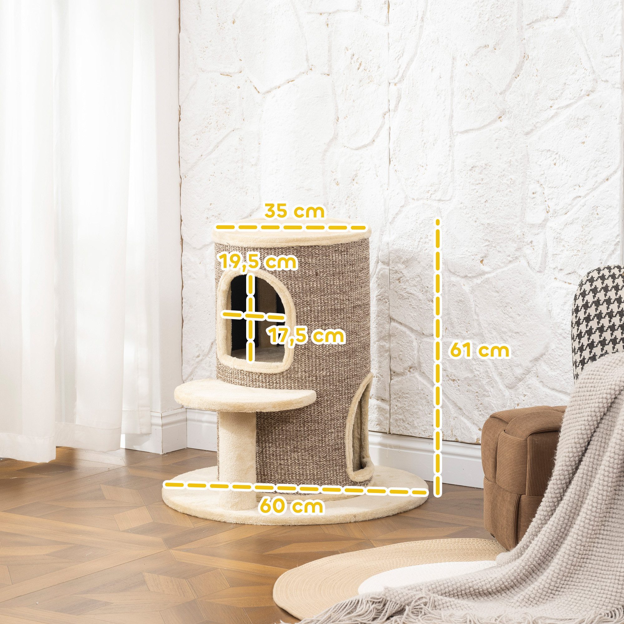PawHut Kratztonne 61 cm hoch, (Katzenturm, 1-tlg., Zweistöckige Katzentonne mit Sisalseil), Beige+Braun