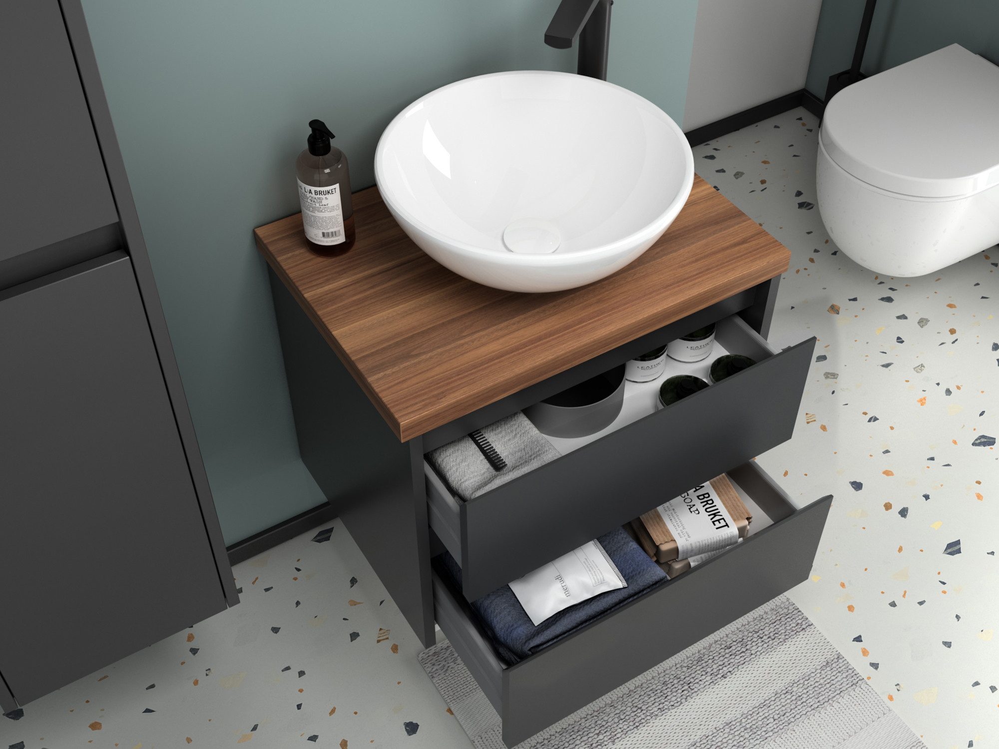 Aqua Bagno Badmöbel-Set Duo Badmöbel 60 cm Anthrazit Matt Lackiert mit Trägerplatte & Keramik, (Badschrank vormontiert, 3-St., Badmöbelschrank mit Trägerplatte, Waschbecken), einfache Montage