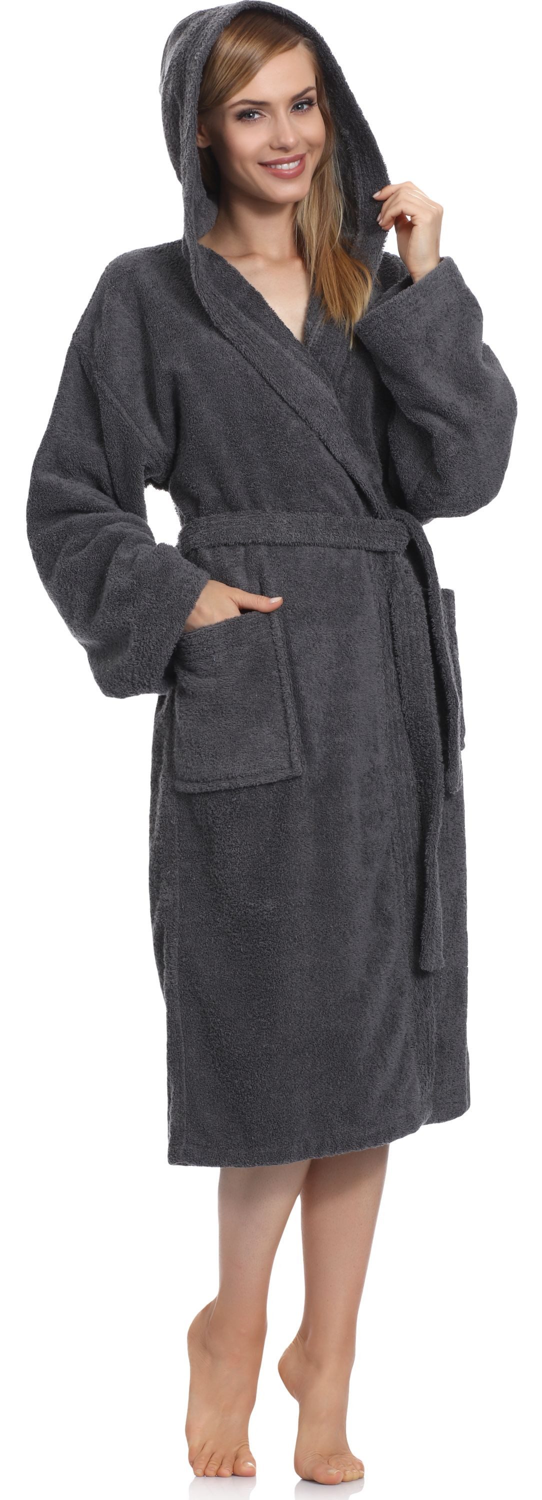 Ladeheid Bademantel Damen Frottee Bademantel aus 100% Baumwolle LA40-102, Langform, Baumwolle, Kapuze
