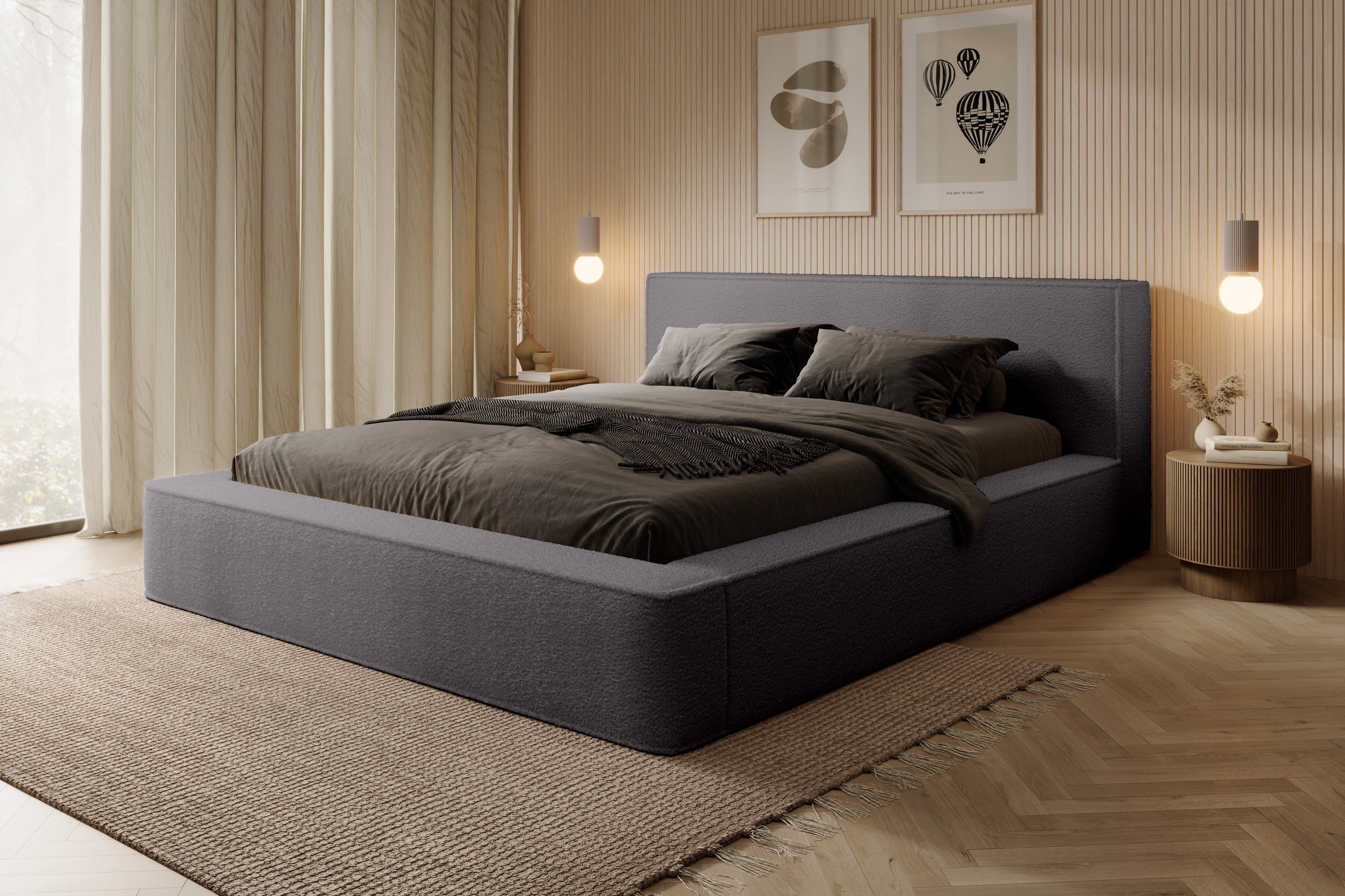 yourhouse24 Polsterbett Alma Doppelbett Bettgestell Lattenrost mit Bettkasten (Bettgestell mit Lattenrost), Mit Bettkasten, Stoff Euphoria, Modernes Design, Gepolstertes Kopfteil