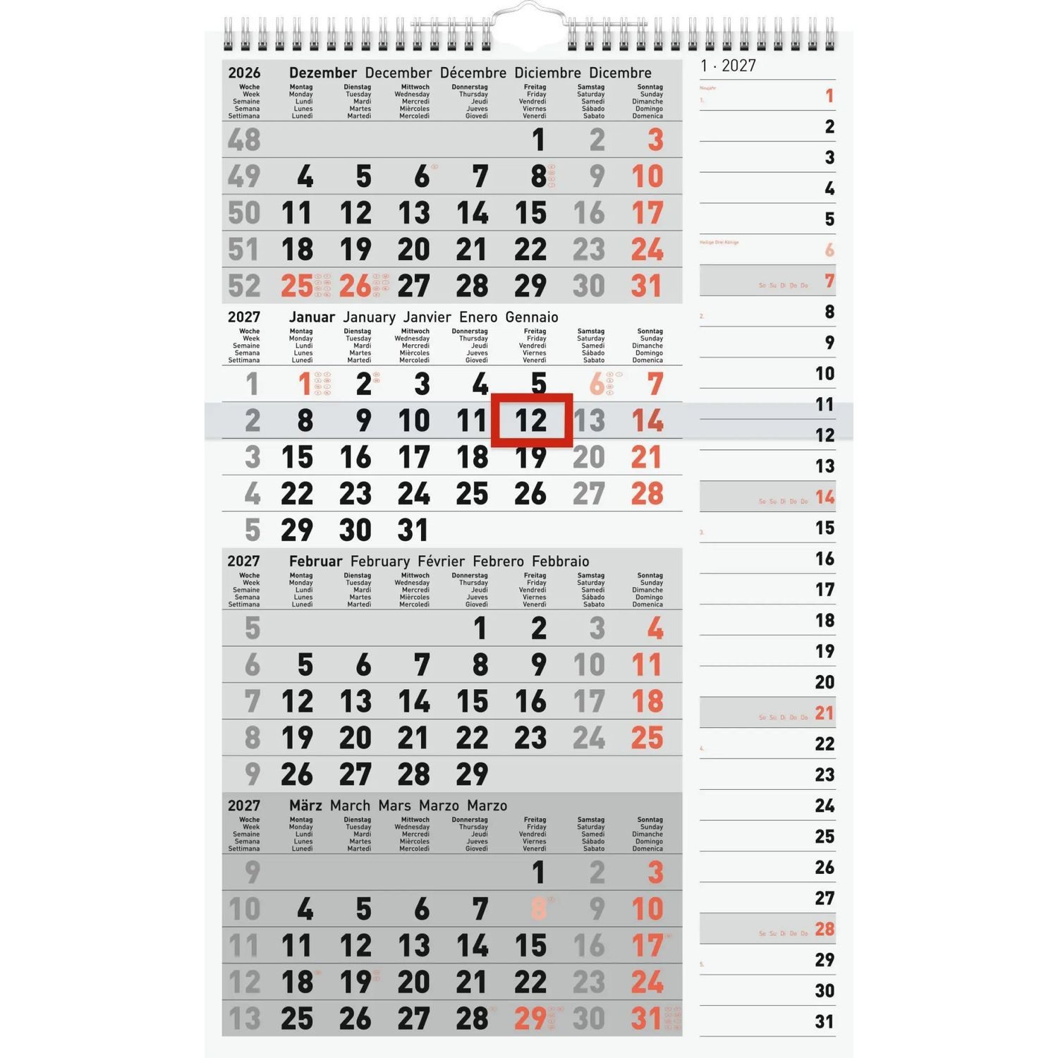Monatskalender rido/idé 7033430007 4-Monatskalender 2027 grau, 300×490 mm