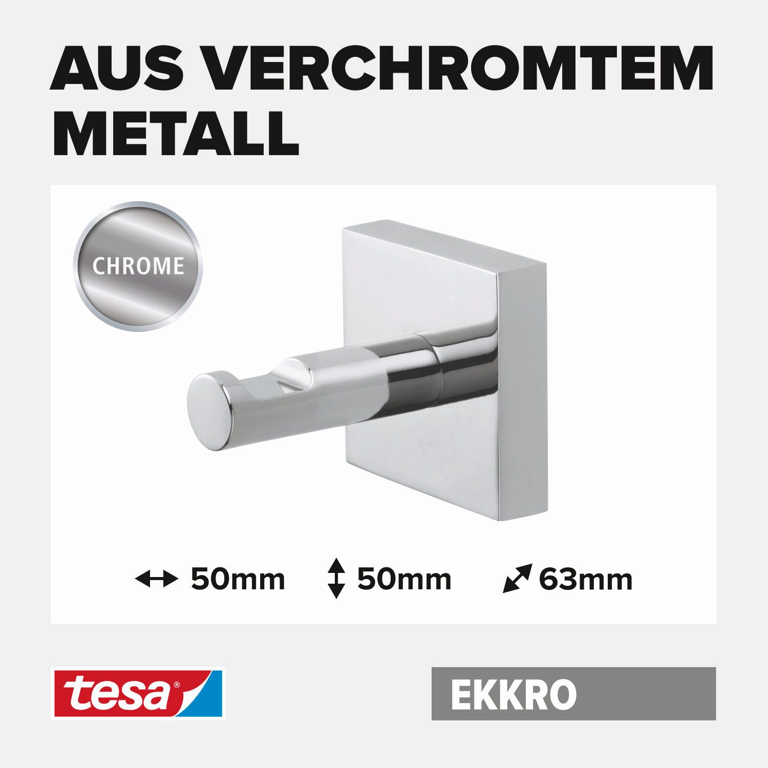 tesa Крючок для полотенец EKKRO Bademantelhaken Chrom, Badezimmer, Gäste-WC, Wandmontage, (Packung, 1-St., inkl. Klebelösung), Полотенцесушителиung selbstklebend & ohne Bohren - silber glänzend